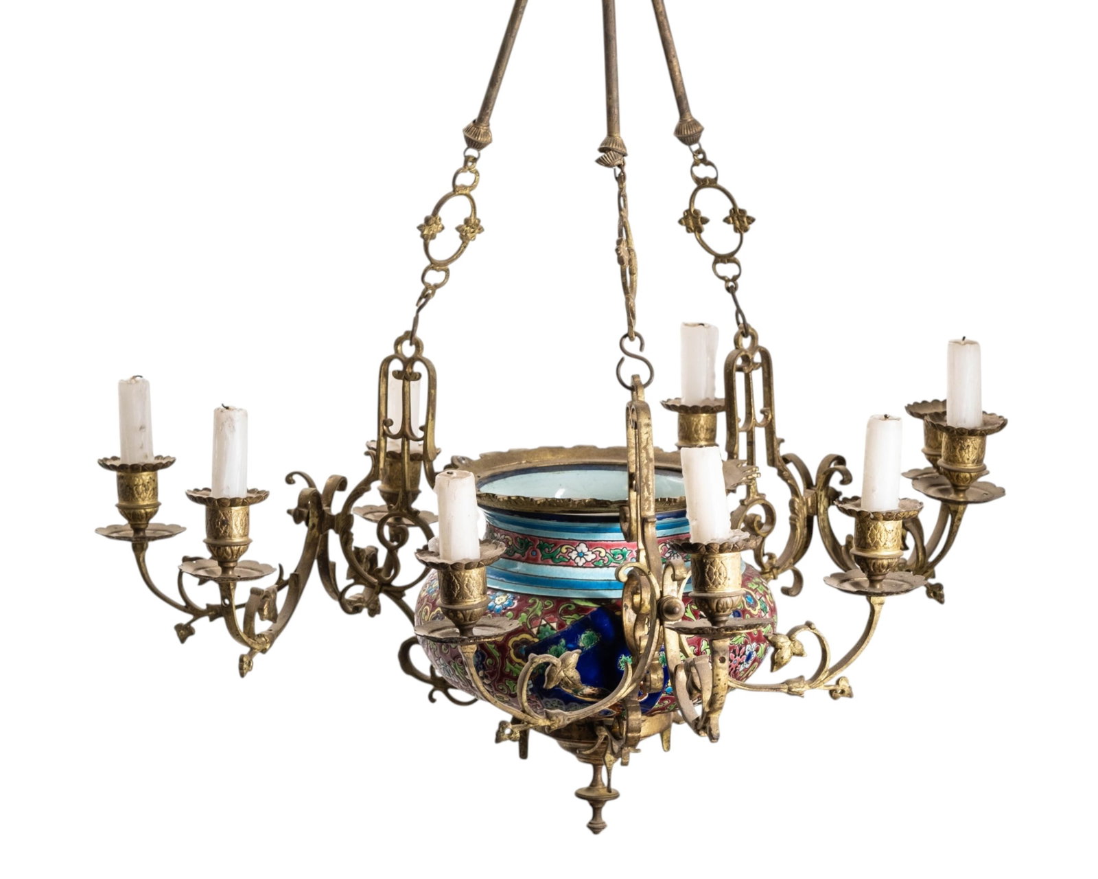 No Reserve- Longwy Chandelier 19th Century French Enameled Porcelain And Bronze - 2