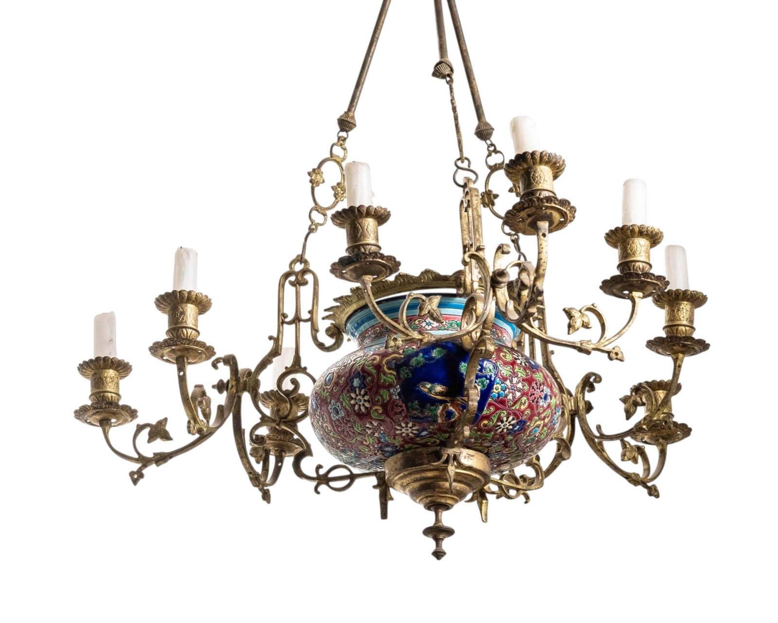 No Reserve- Longwy Chandelier 19th Century French Enameled Porcelain And Bronze - 3