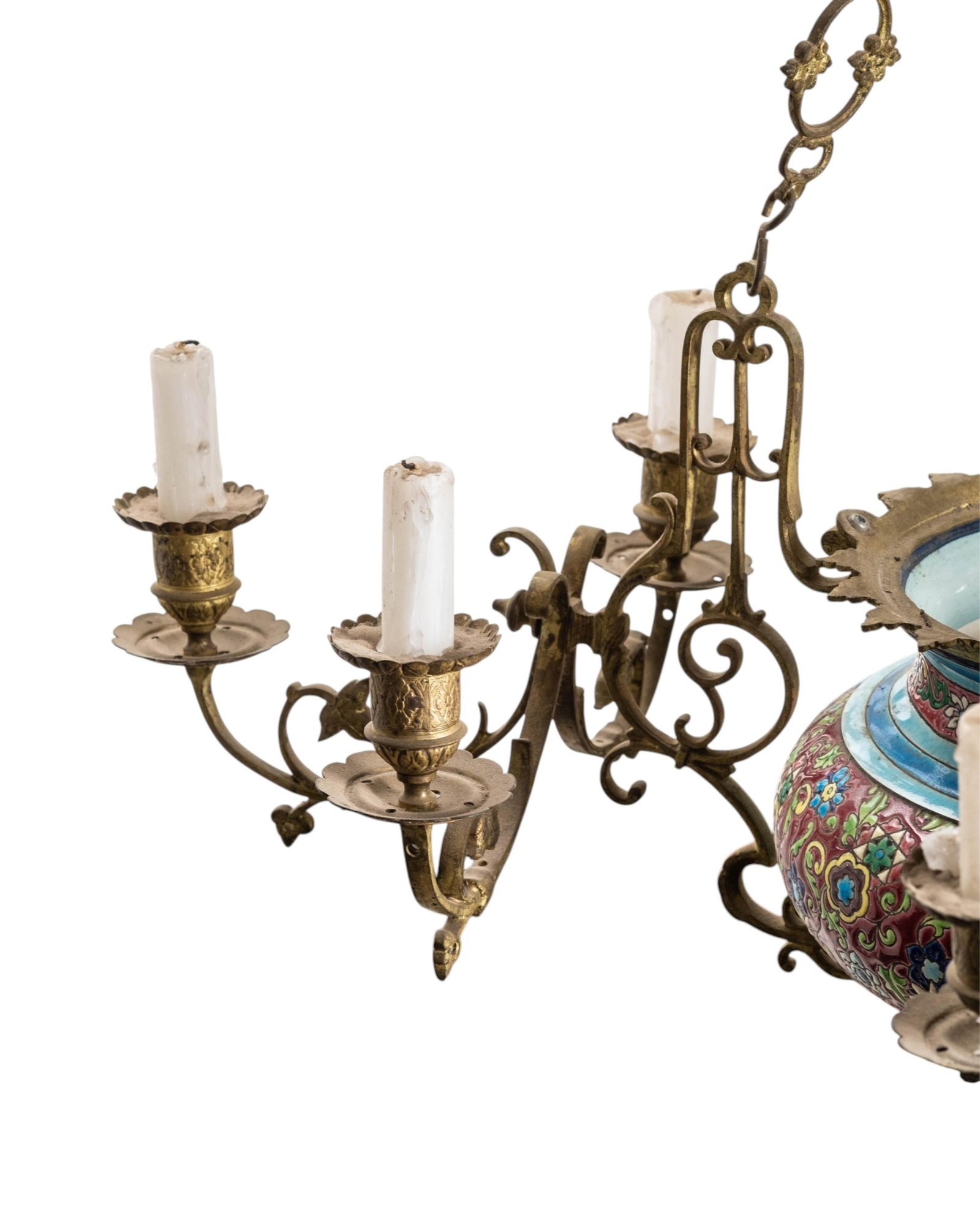 No Reserve- Longwy Chandelier 19th Century French Enameled Porcelain And Bronze - 5