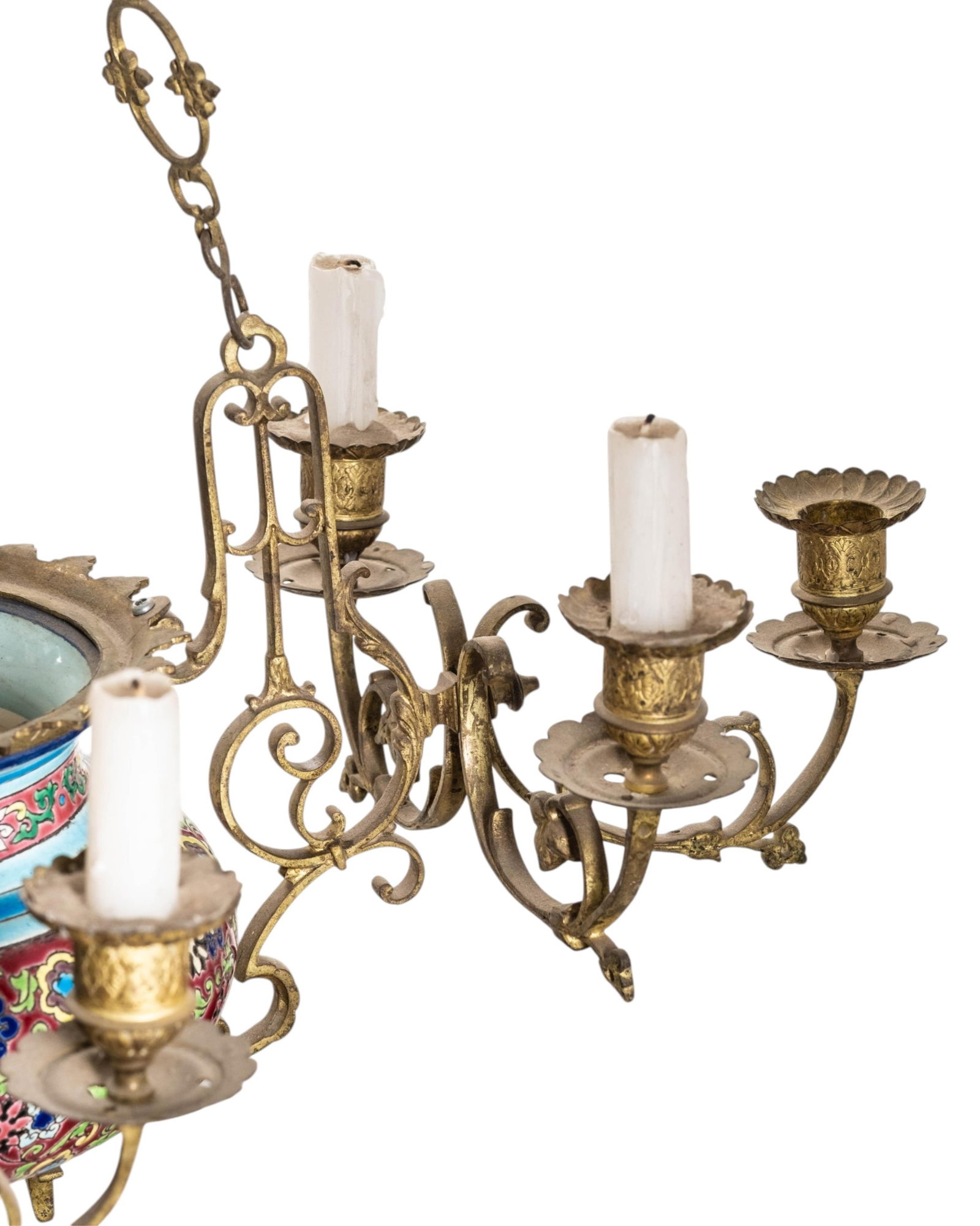 No Reserve- Longwy Chandelier 19th Century French Enameled Porcelain And Bronze - 6