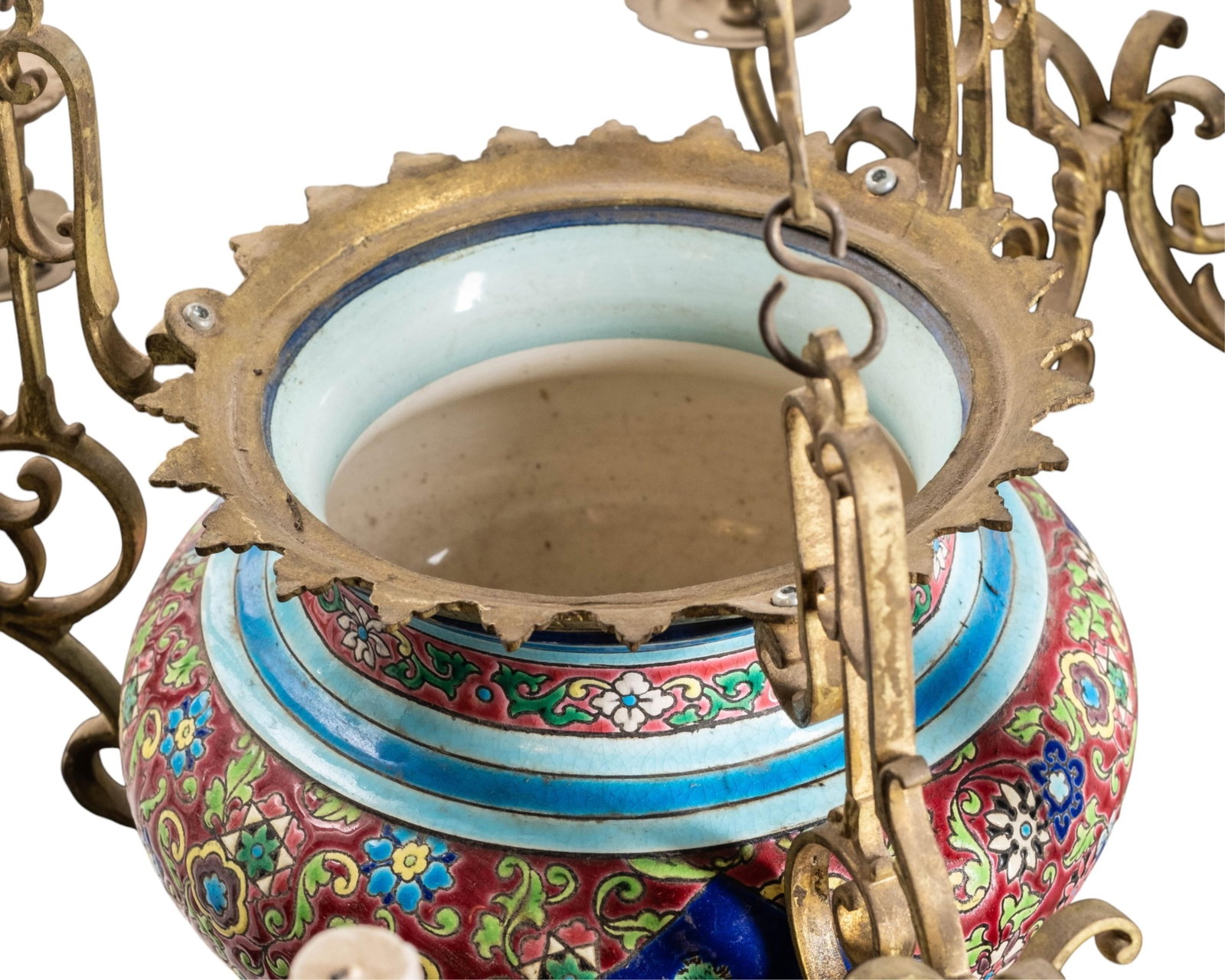 No Reserve- Longwy Chandelier 19th Century French Enameled Porcelain And Bronze - 7