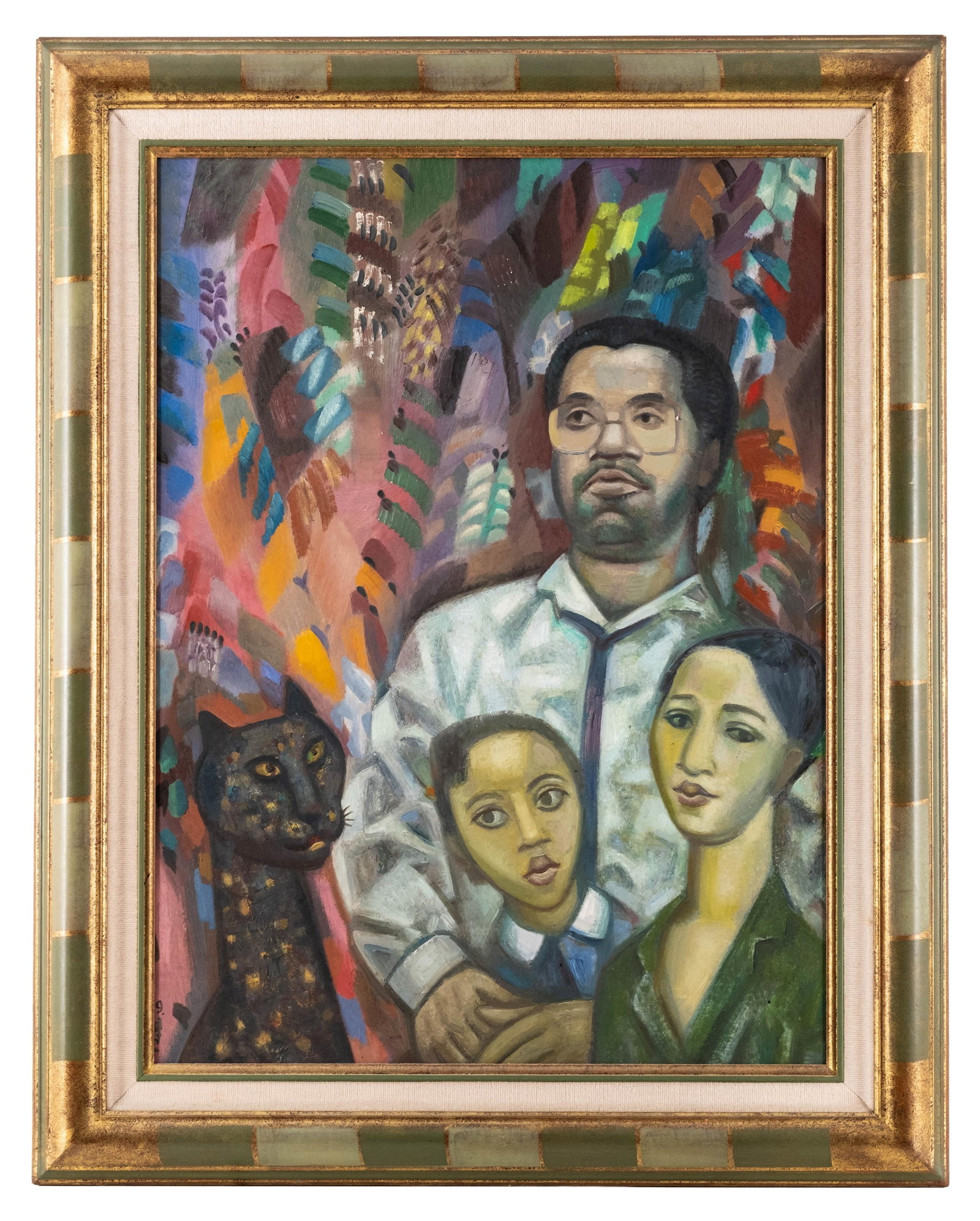 No Reserve- Signed Modernist Family Portrait With Cat, Oil Painting - 3