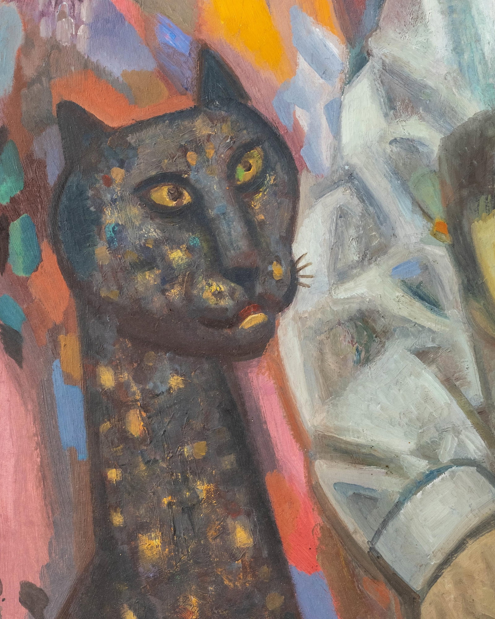 No Reserve- Signed Modernist Family Portrait With Cat, Oil Painting - 7