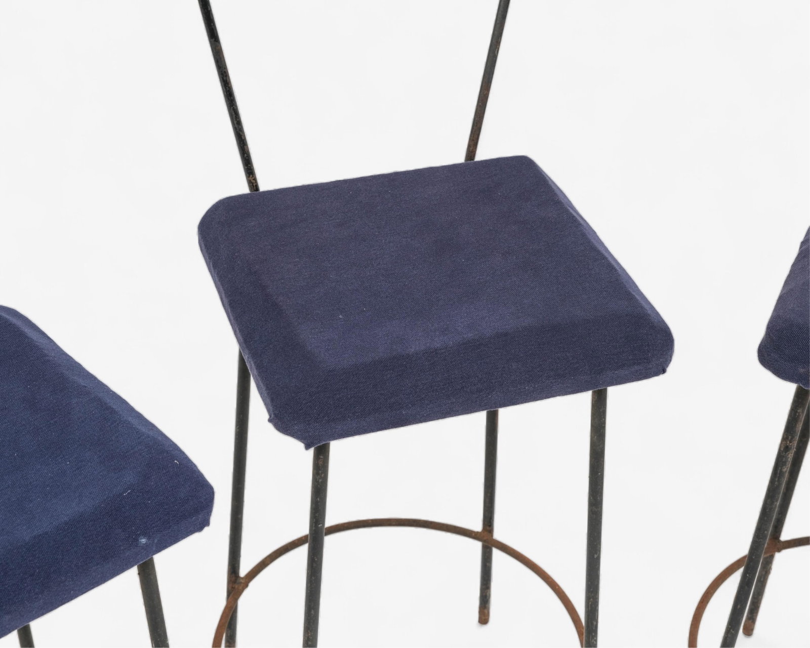 No Reserve- Metal Bar Stools with Blue Upholstered Seats, Set of Four - 4