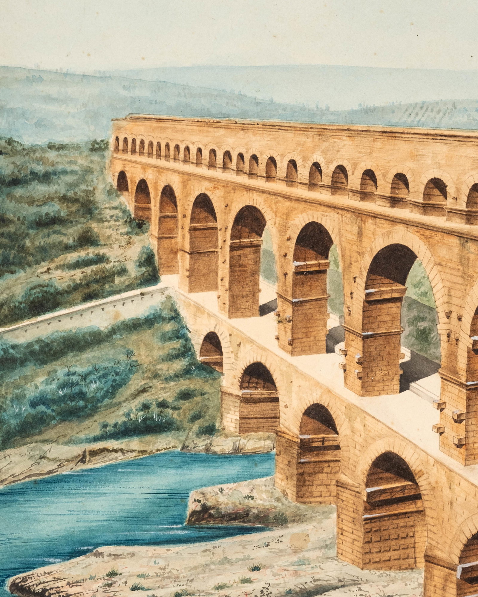 No Reserve- French School Pont Du Gard Watercolor Painting, Monogrammed P.G. - 5