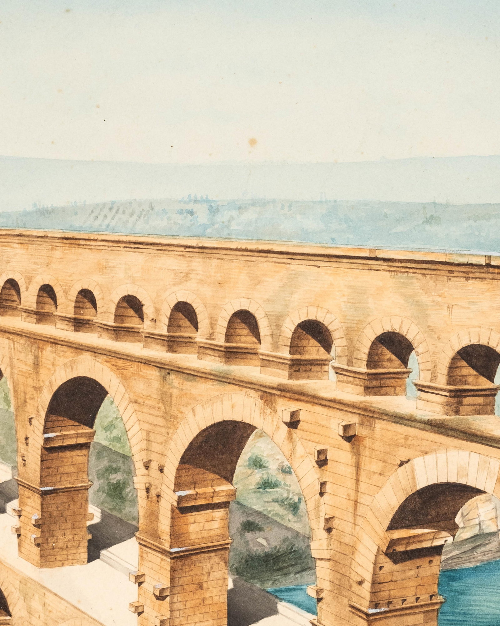 No Reserve- French School Pont Du Gard Watercolor Painting, Monogrammed P.G. - 6