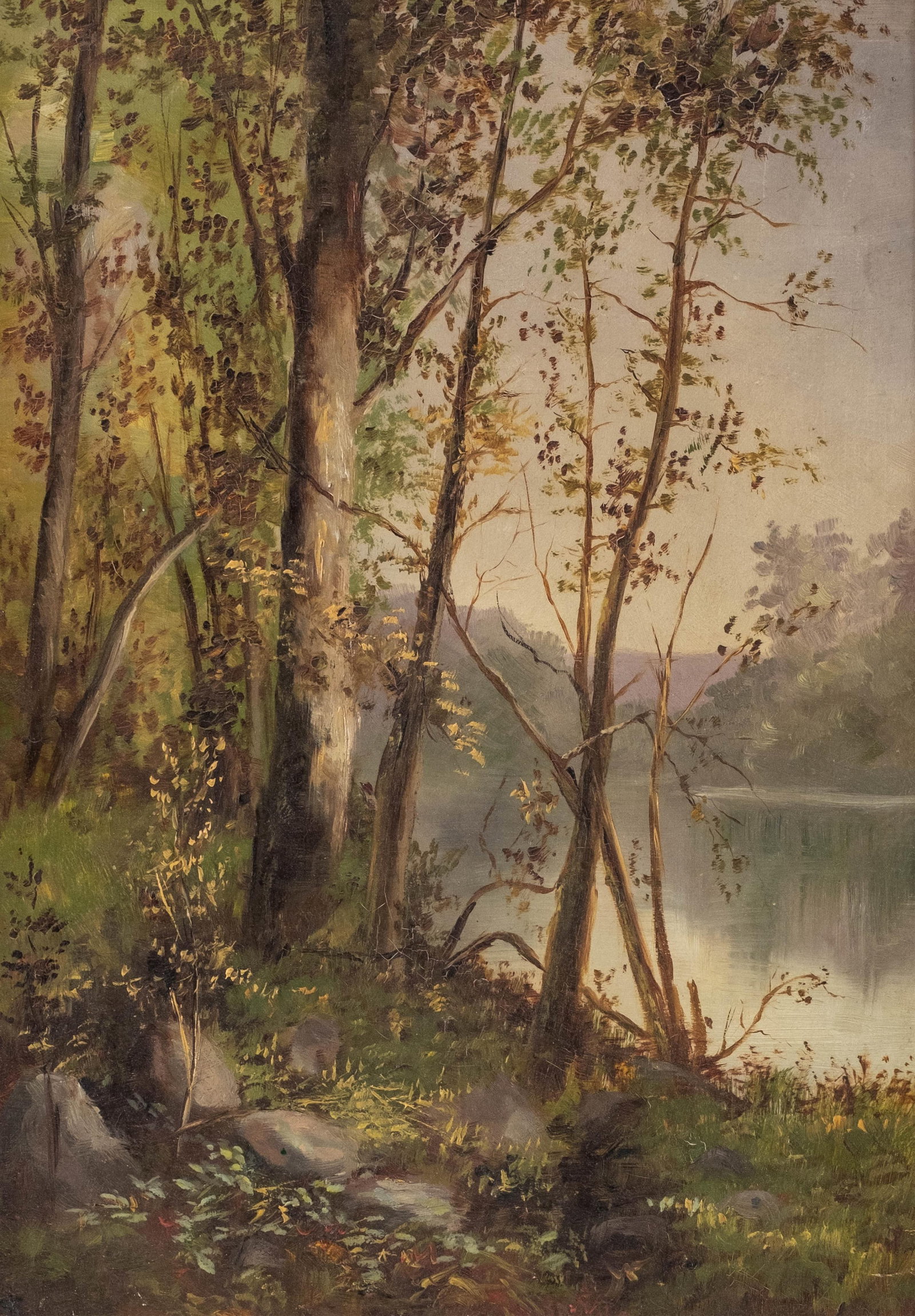 No Reserve- Late 19th Century Tonalist Forest Shoreline Oil Painting - 2