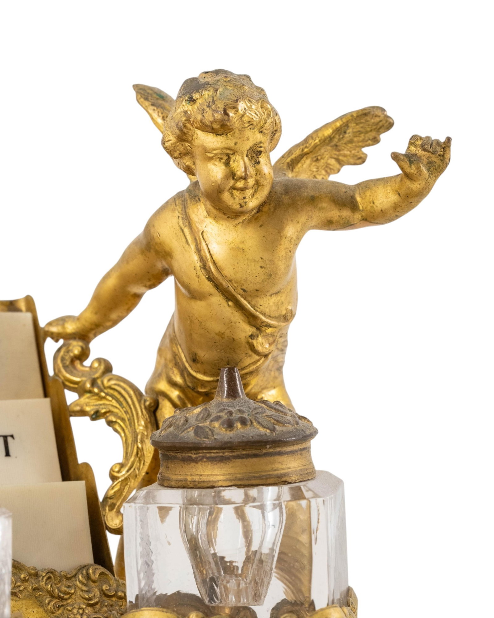 No Reserve- Antique Cast Bronze Cherub Desk Set With Inkwells And Calendar - 2