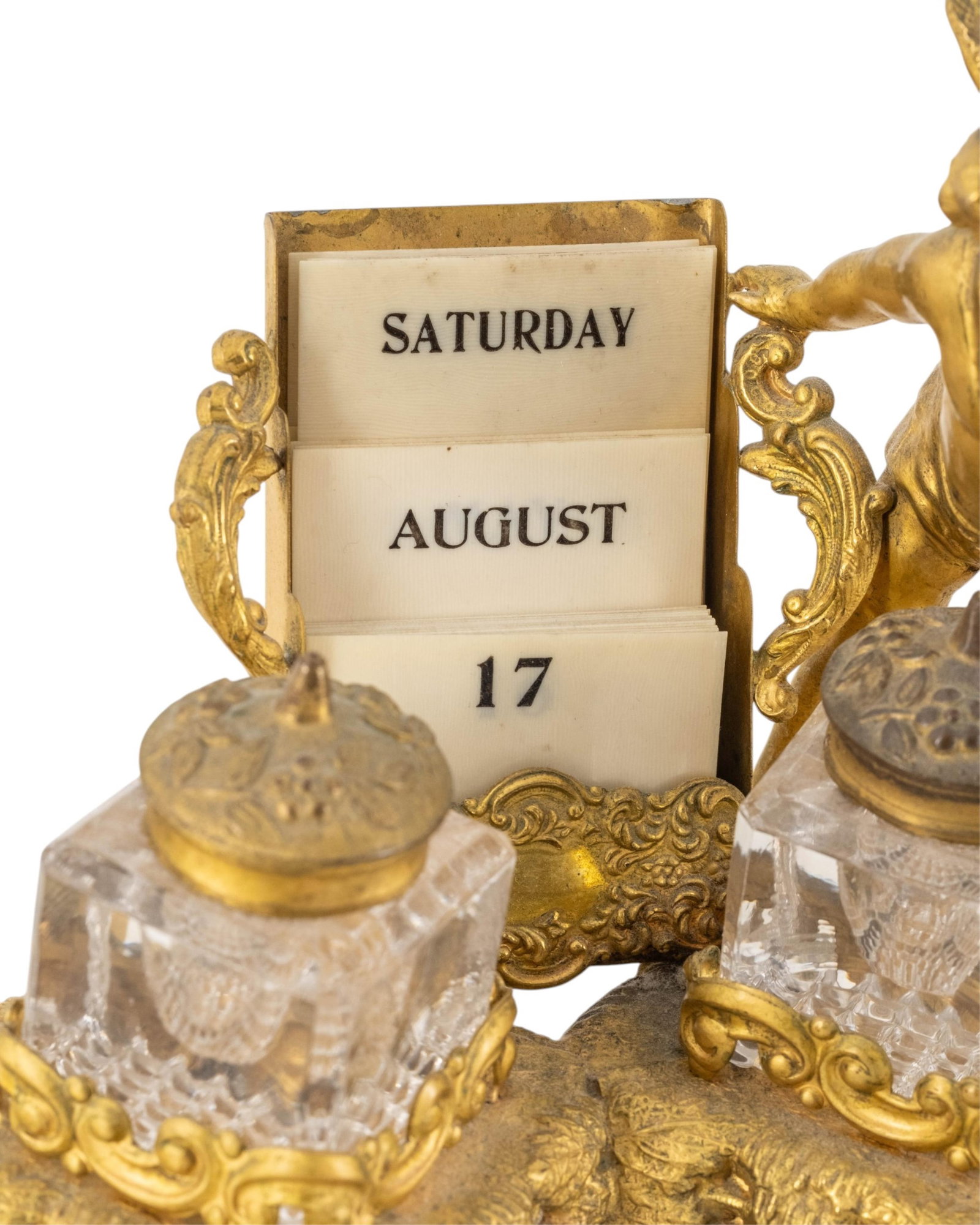 No Reserve- Antique Cast Bronze Cherub Desk Set With Inkwells And Calendar - 3