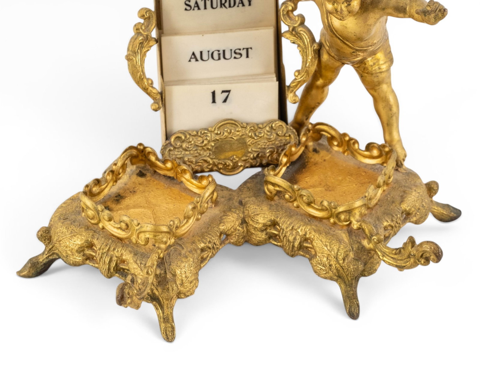 No Reserve- Antique Cast Bronze Cherub Desk Set With Inkwells And Calendar - 4