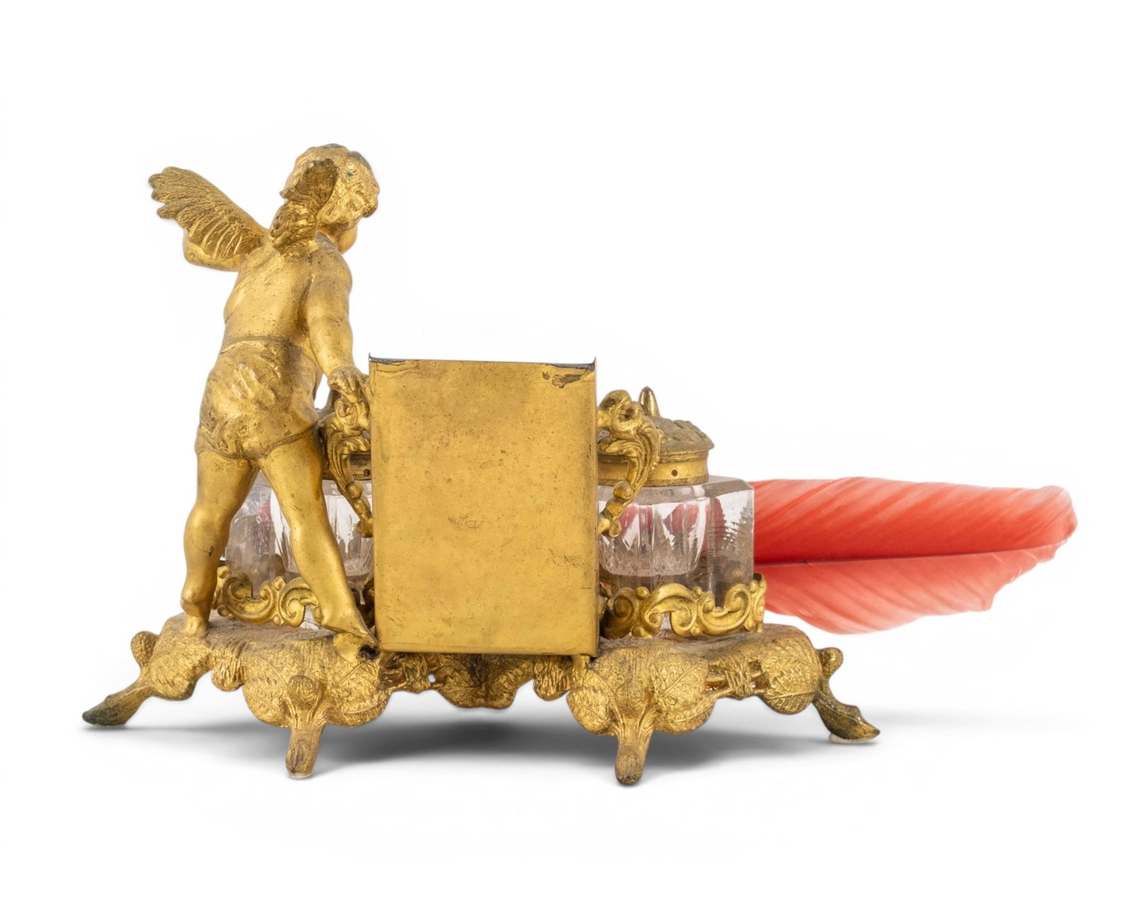 No Reserve- Antique Cast Bronze Cherub Desk Set With Inkwells And Calendar - 7