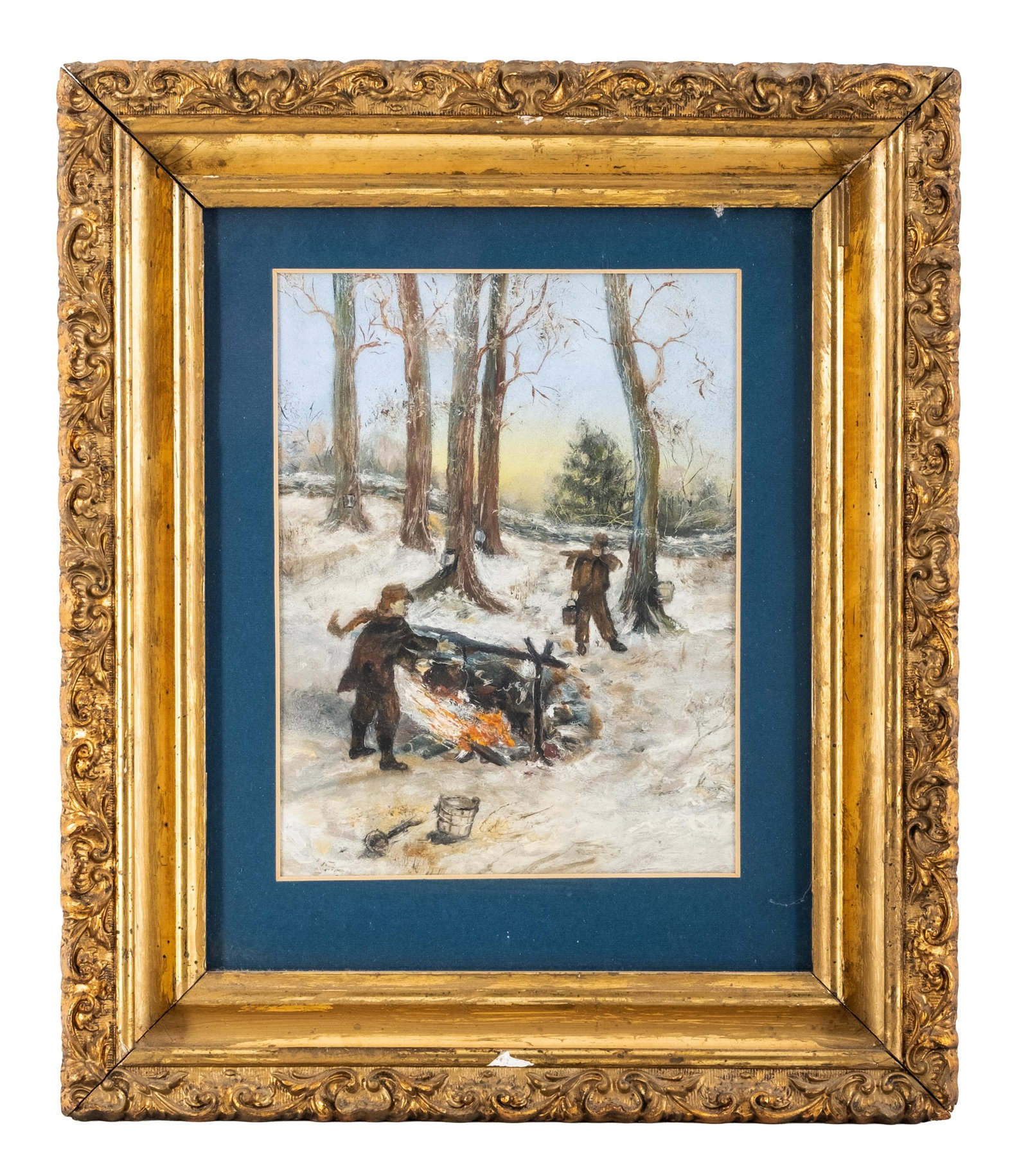 No Reserve- Winter Campfire Scene Oil on Board Painting, 20th Century - 3