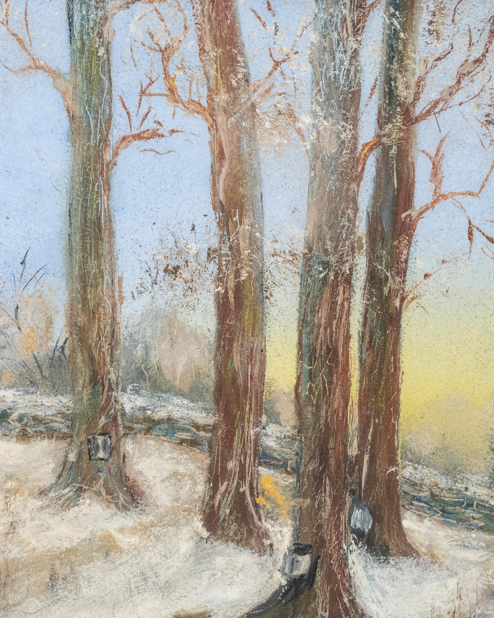 No Reserve- Winter Campfire Scene Oil on Board Painting, 20th Century - 4