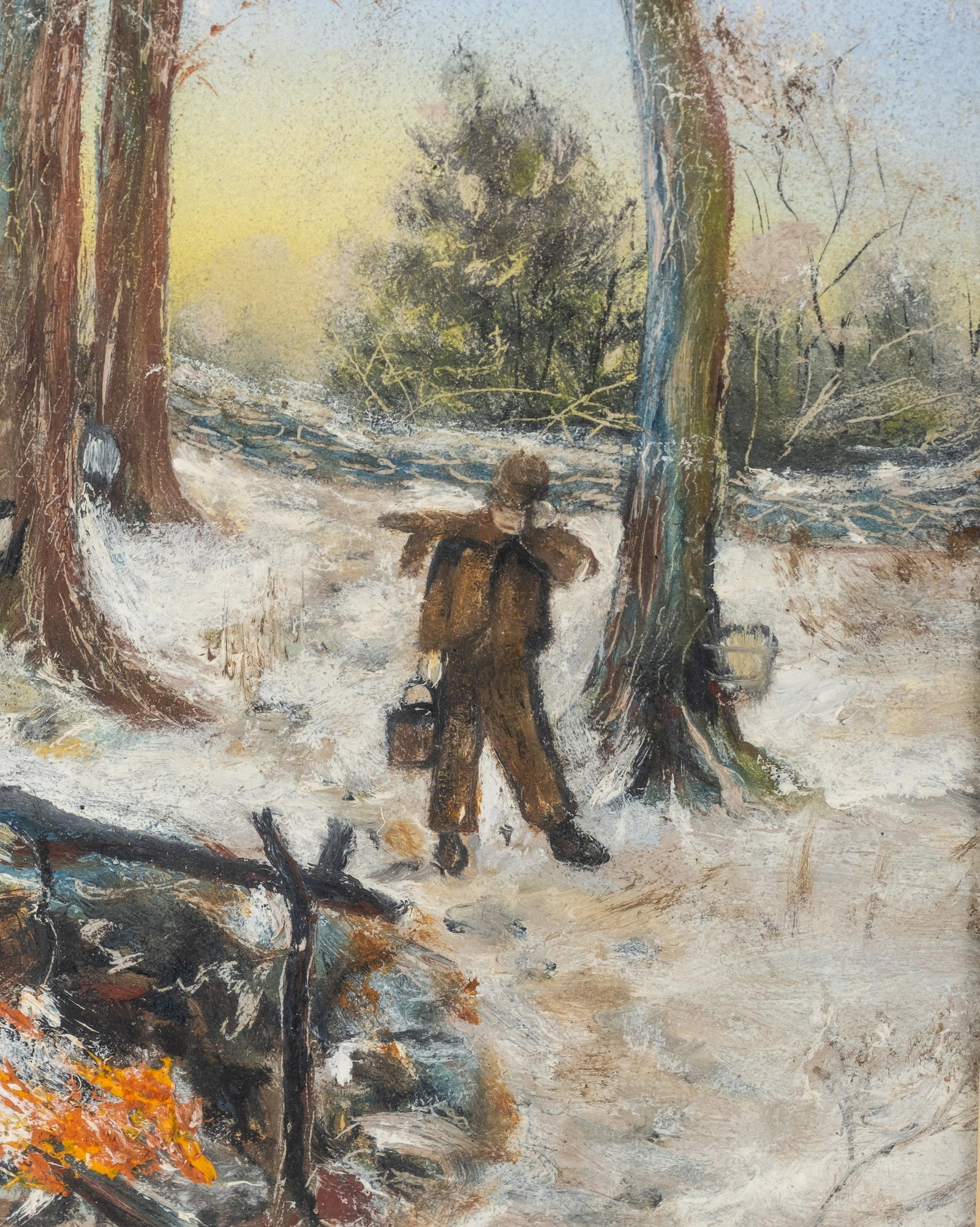 No Reserve- Winter Campfire Scene Oil on Board Painting, 20th Century - 5