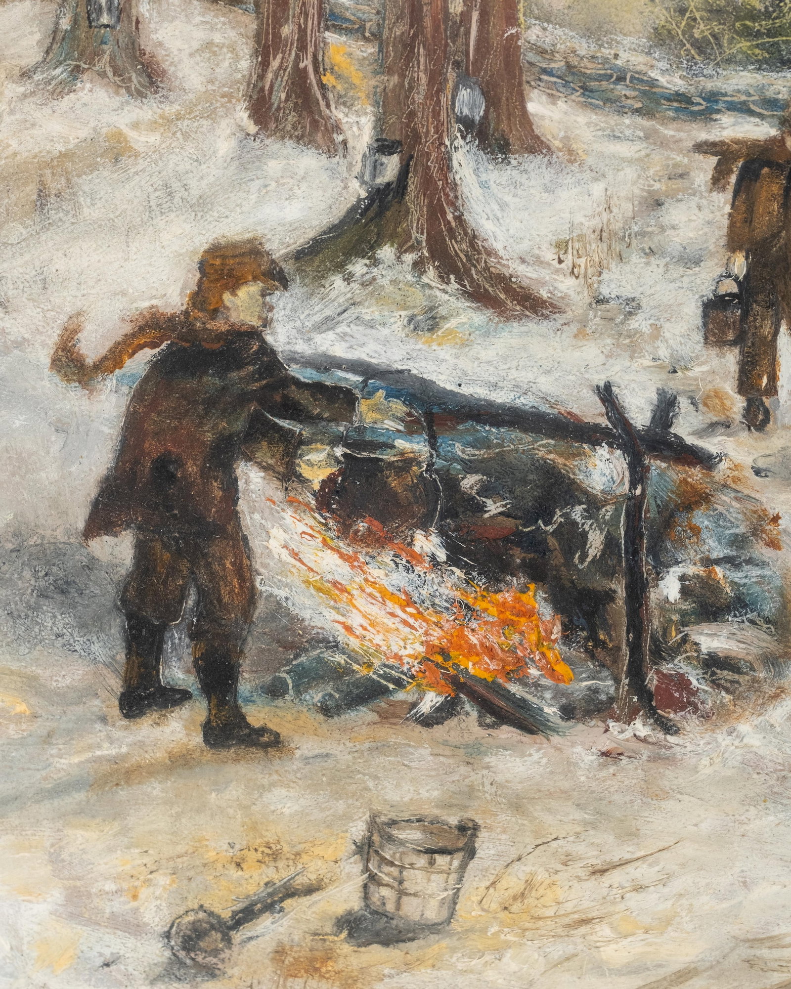 No Reserve- Winter Campfire Scene Oil on Board Painting, 20th Century - 6