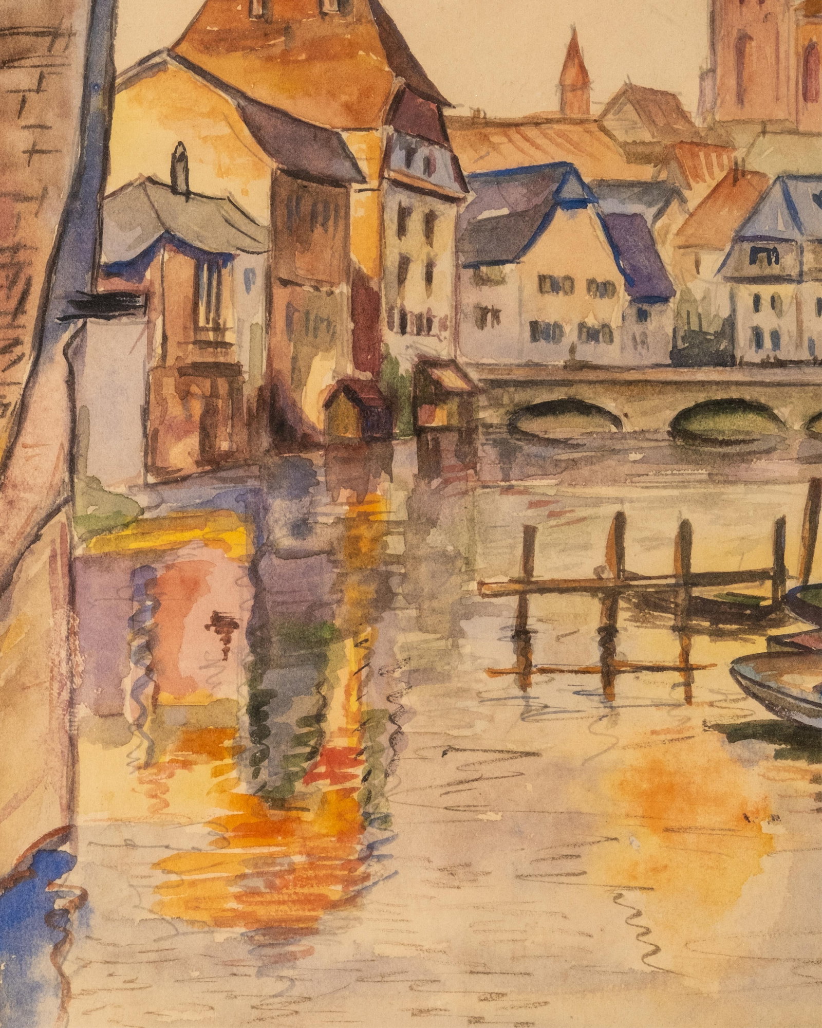 No Reserve- Howard? Signed Watercolor Painting “Strasbourg" Canal Cityscape - 7