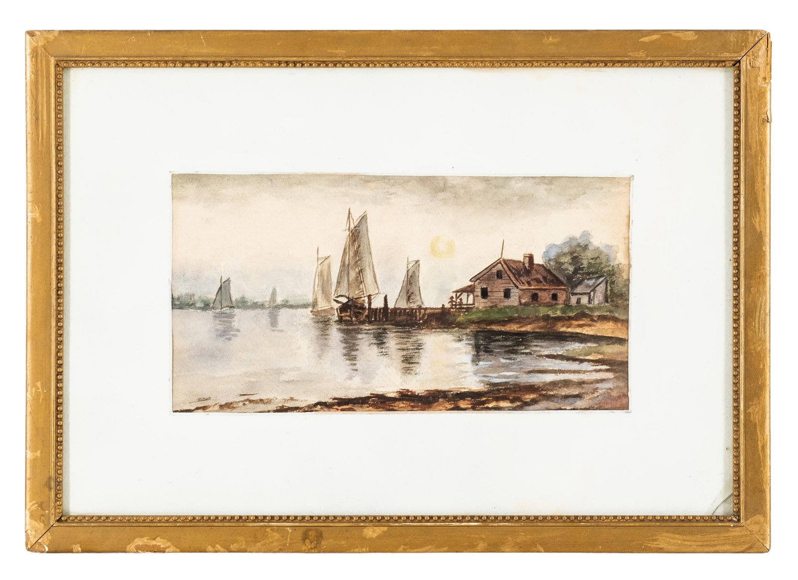 No Reserve- Antique American Harbor Scene Watercolor with Sailboats - 3
