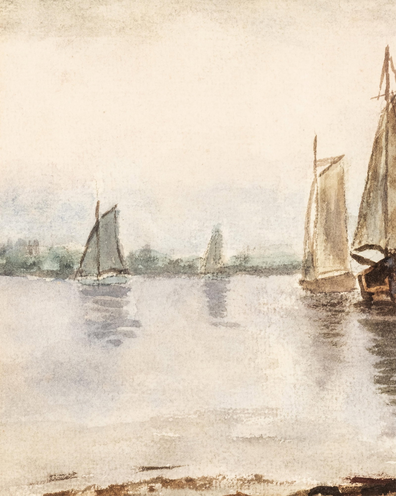 No Reserve- Antique American Harbor Scene Watercolor with Sailboats - 4