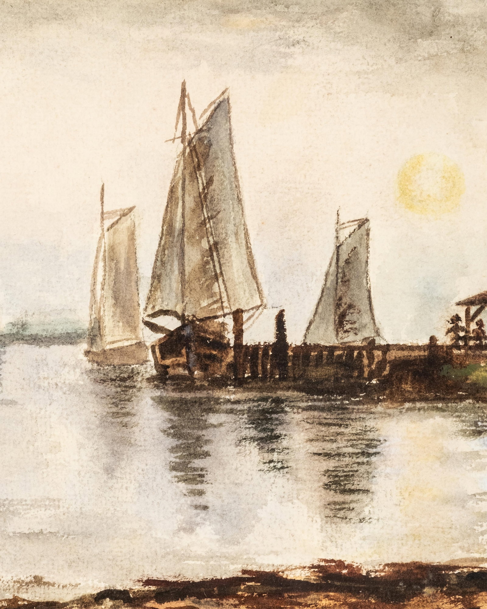 No Reserve- Antique American Harbor Scene Watercolor with Sailboats - 5
