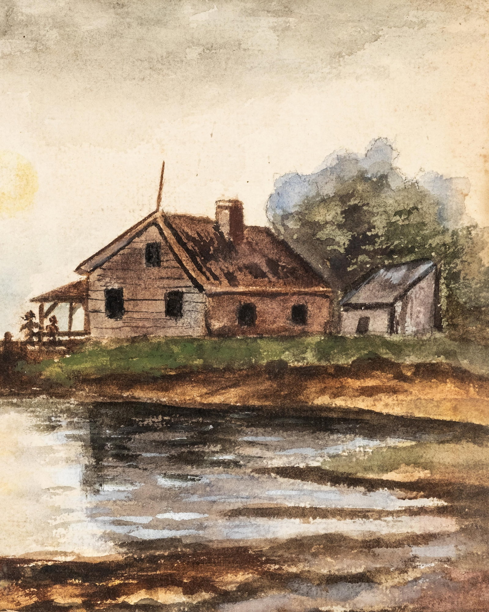 No Reserve- Antique American Harbor Scene Watercolor with Sailboats - 6