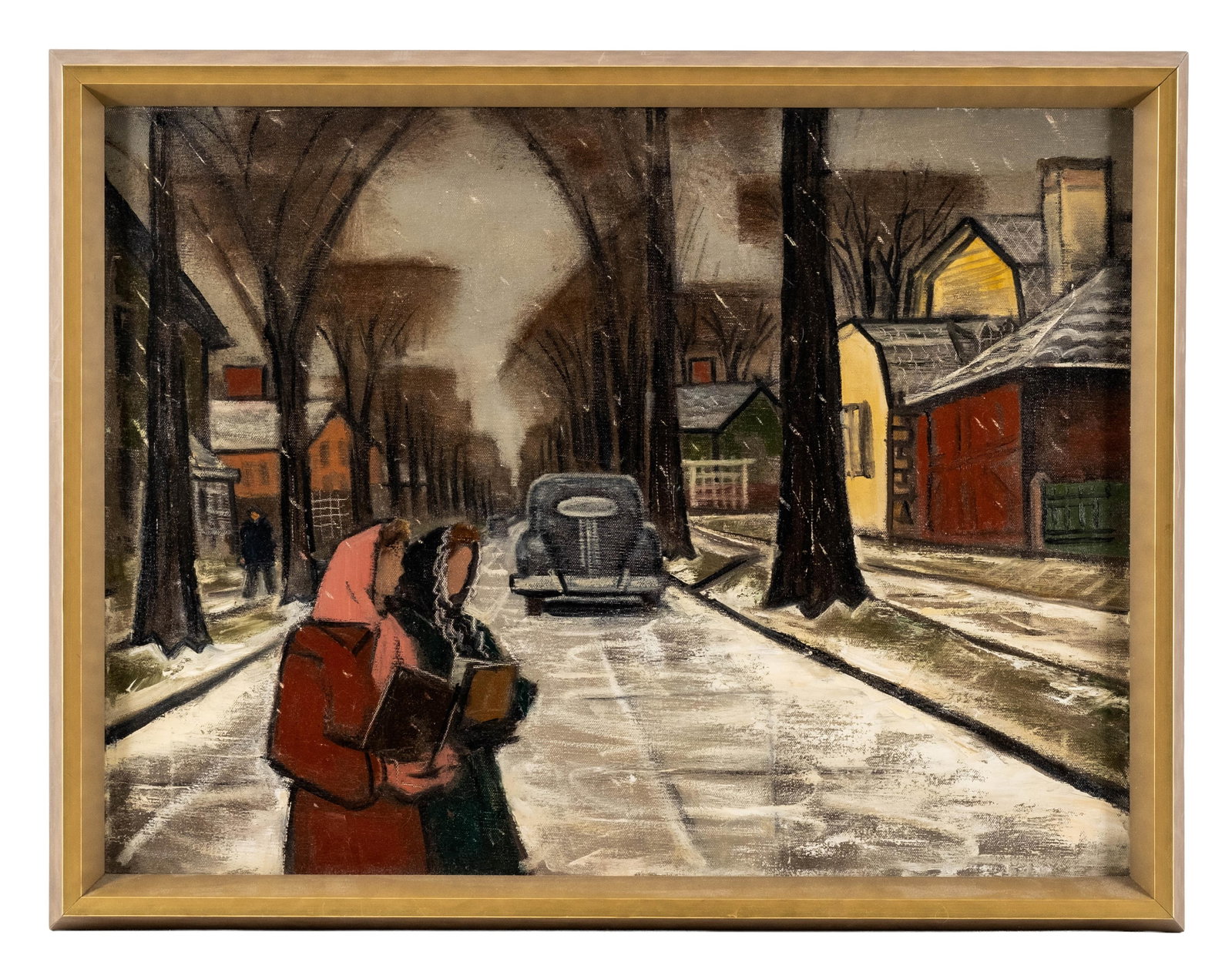 No Reserve- Mid Century Winter Street Scene Oil Painting - 3