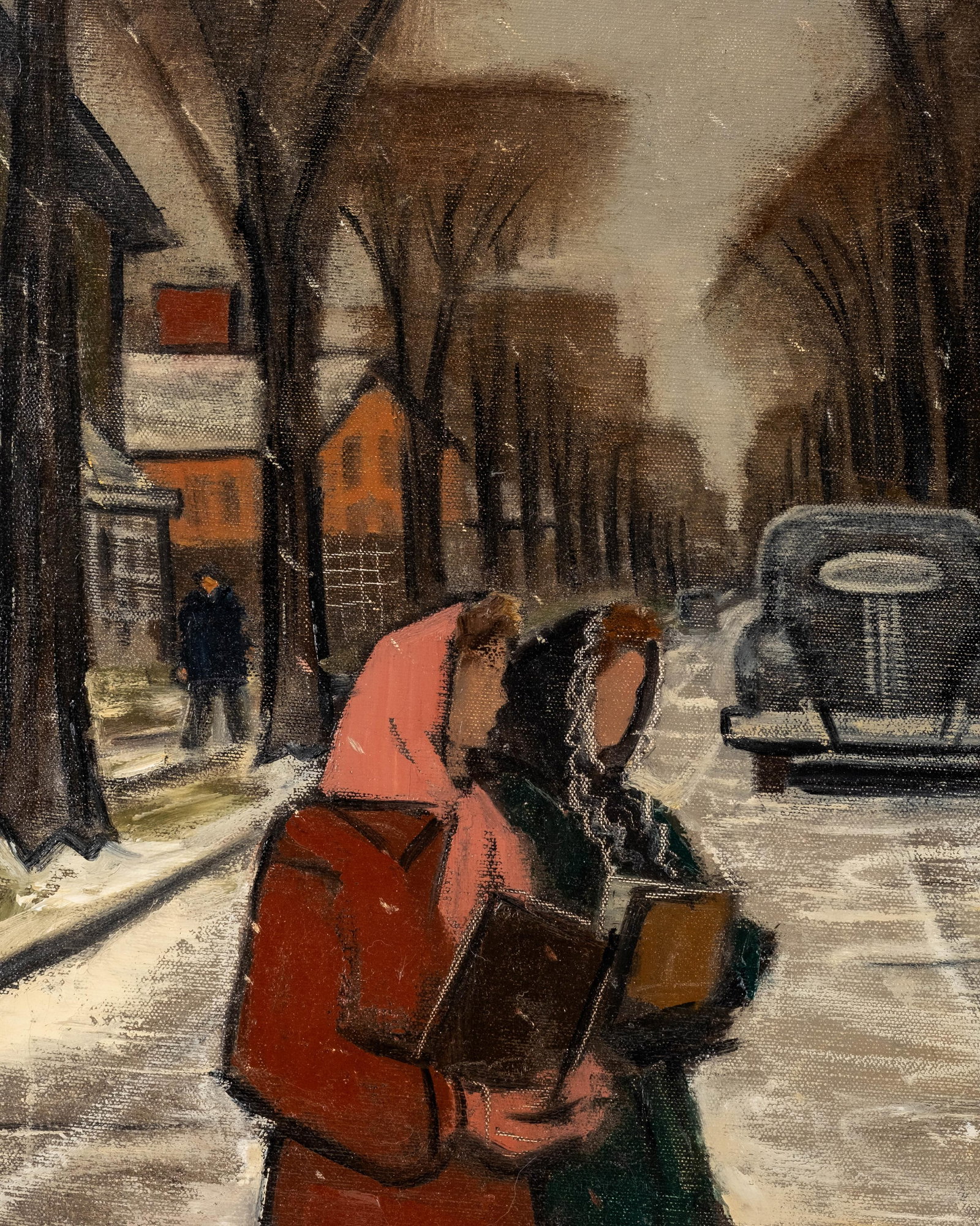No Reserve- Mid Century Winter Street Scene Oil Painting - 4