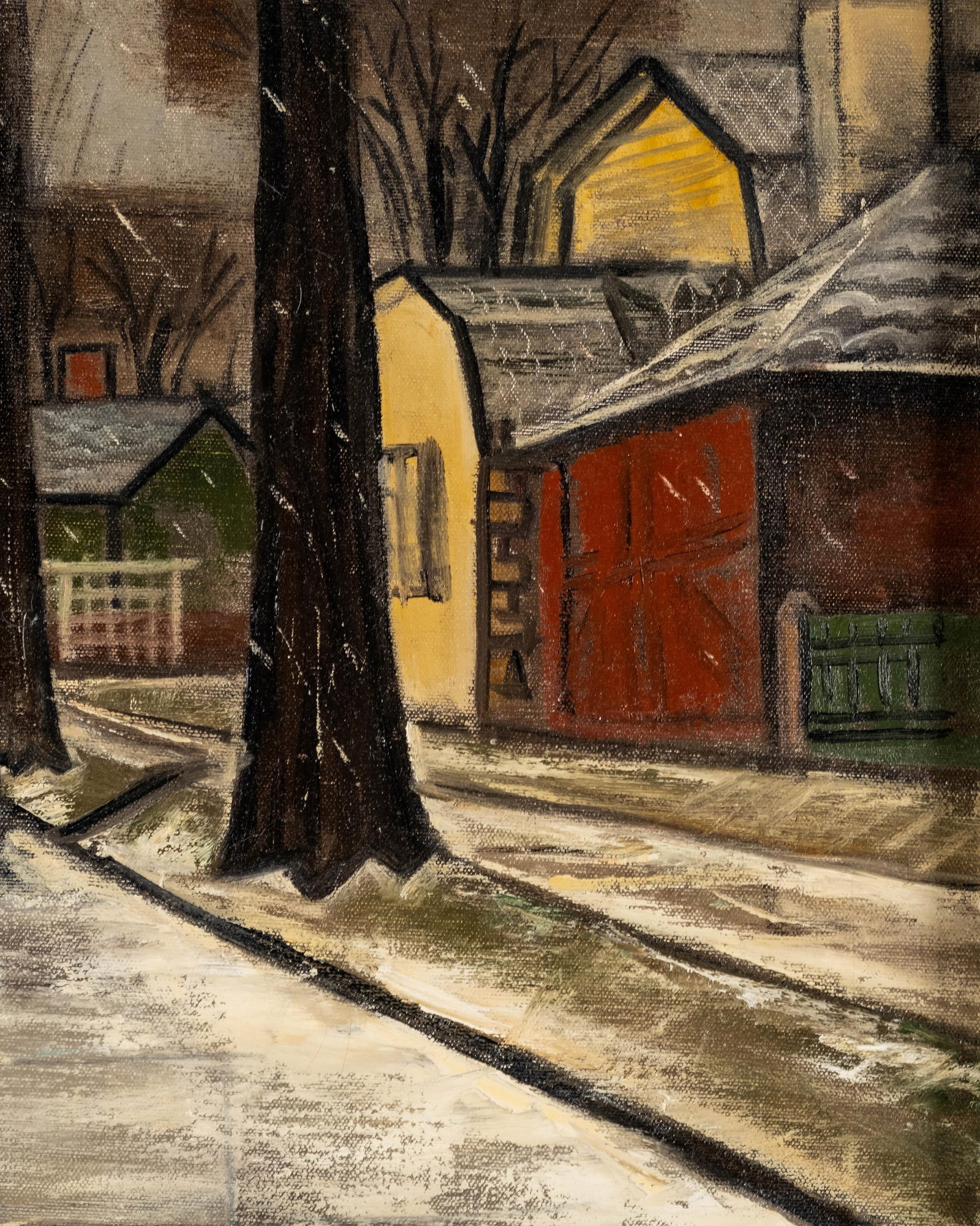 No Reserve- Mid Century Winter Street Scene Oil Painting - 6