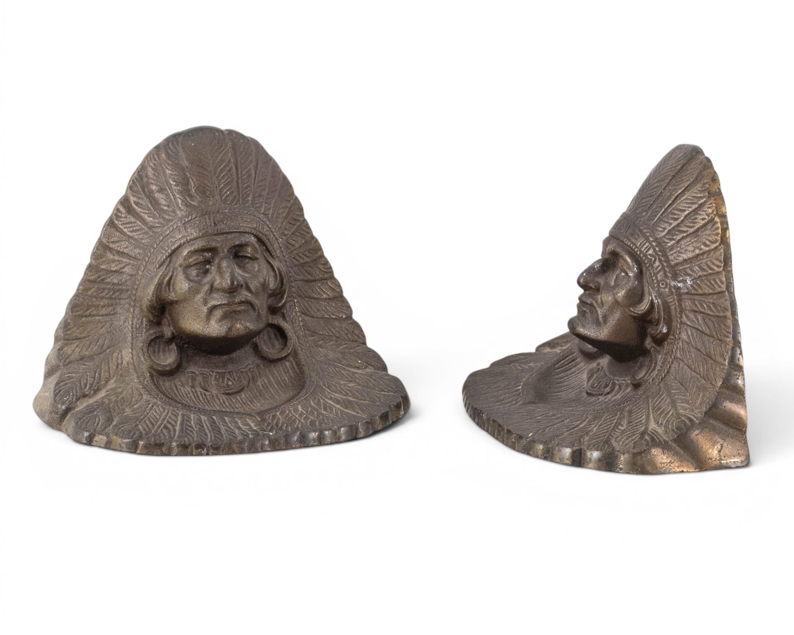 No Reserve- Native American Chief Figural Cast Metal Bookends And Tray - 3