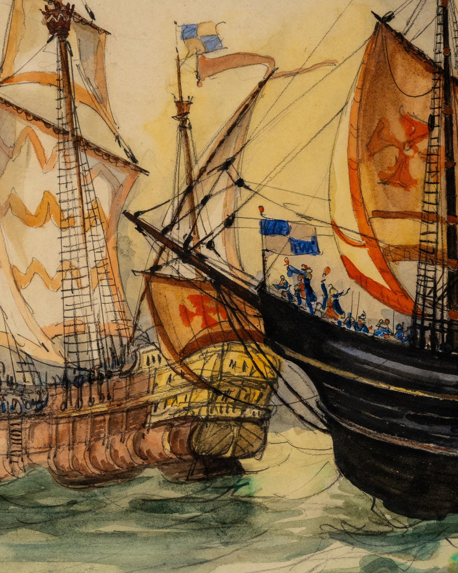 No Reserve- Frank Will Christopher Columbus Expedition Returning from America Watercolor and Gouache - 7