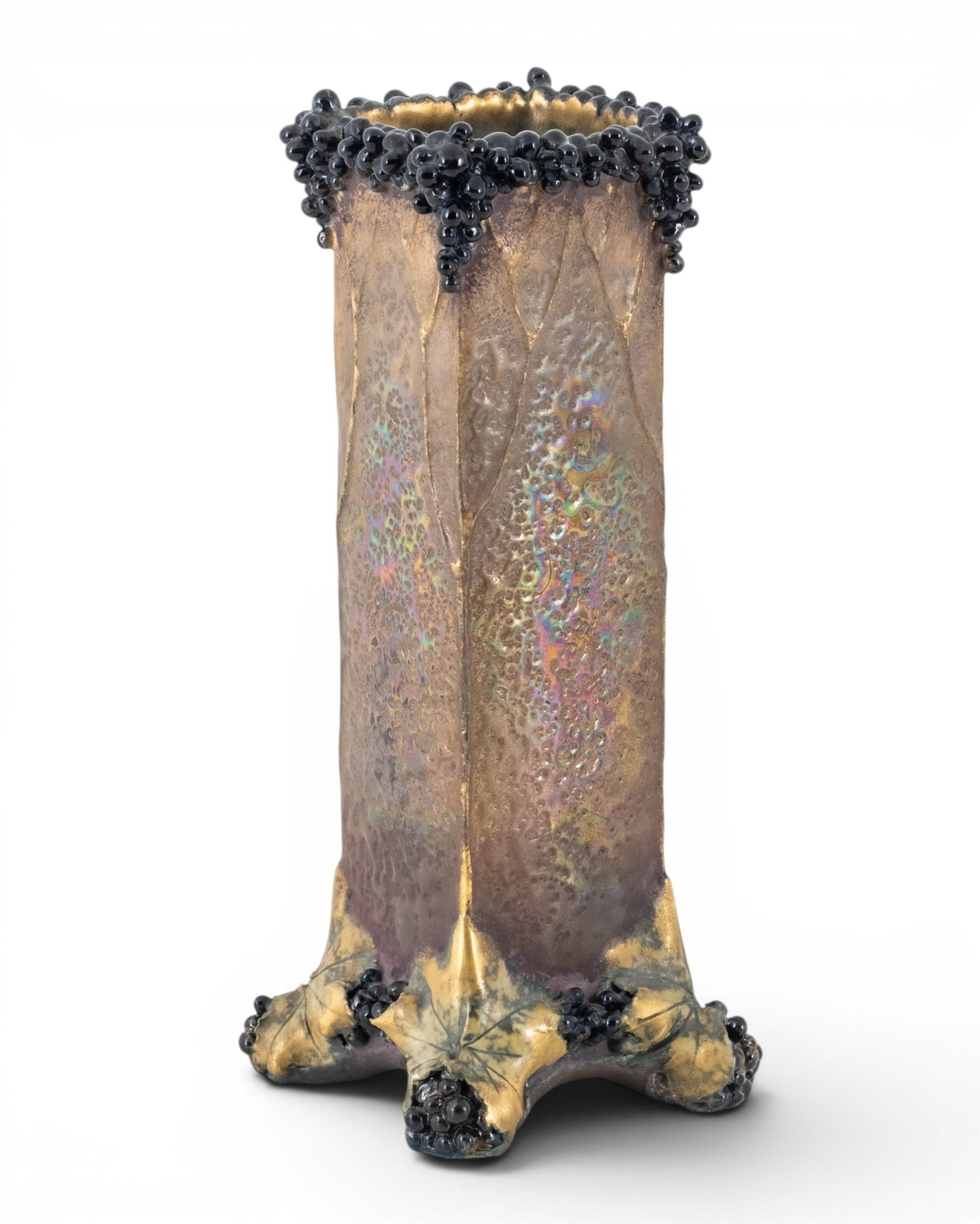 No Reserve- Amphora Art Nouveau Grape And Leaf Iridescent Ceramic Vase - 5