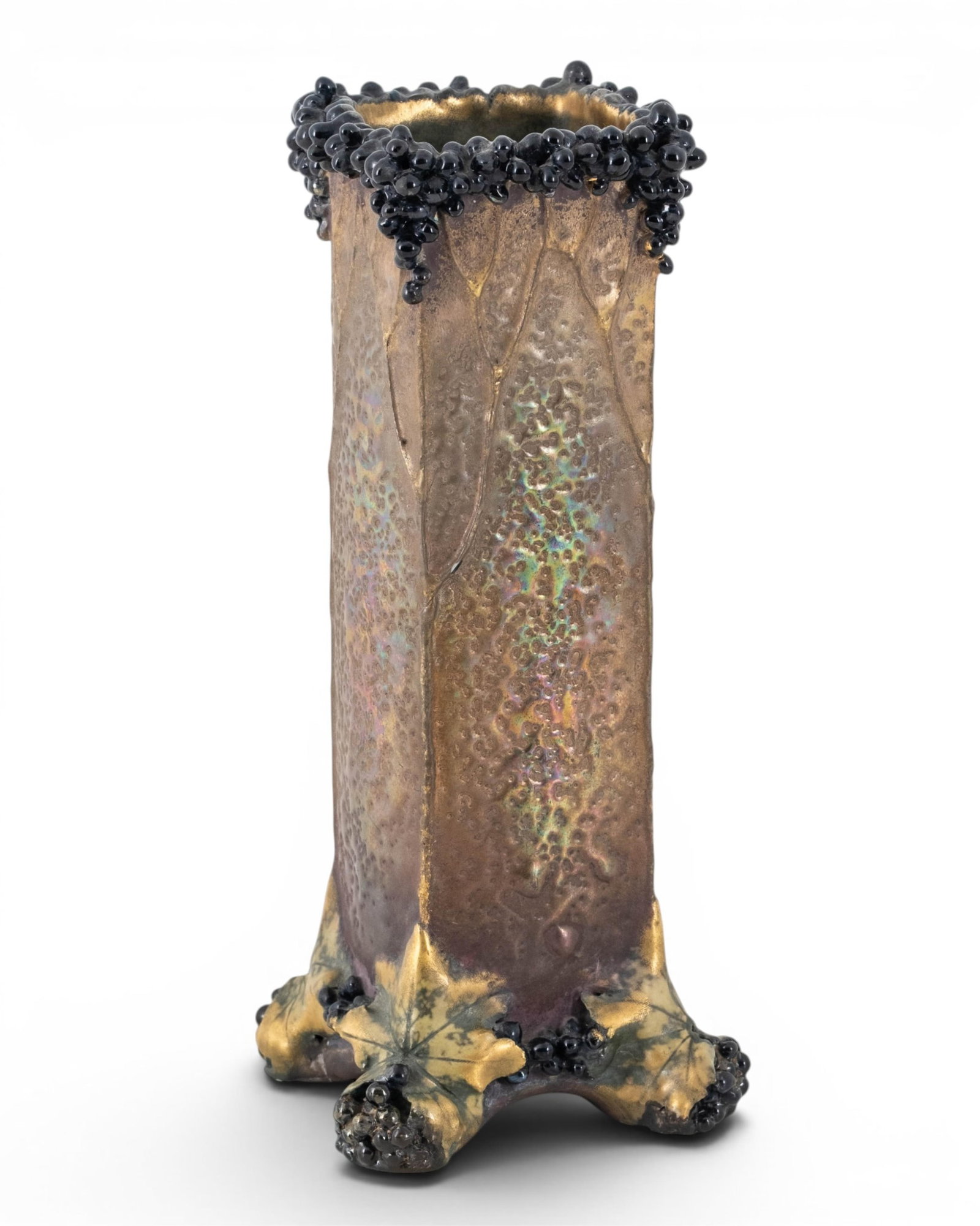 No Reserve- Amphora Art Nouveau Grape And Leaf Iridescent Ceramic Vase - 6