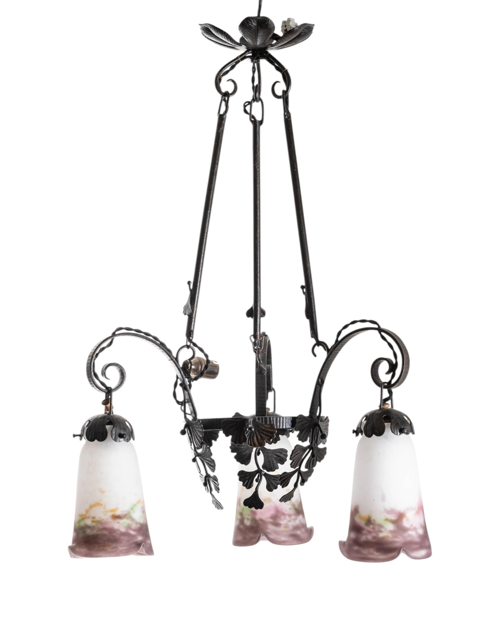 No Reserve- Muller Freres Art Nouveau Bronze Chandelier with Three Marbled Glass Tulip Shades, Early - 2