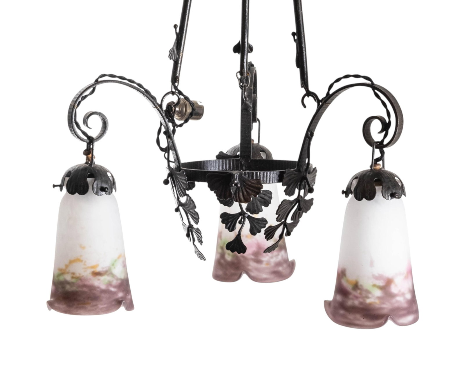 No Reserve- Muller Freres Art Nouveau Bronze Chandelier with Three Marbled Glass Tulip Shades, Early - 3
