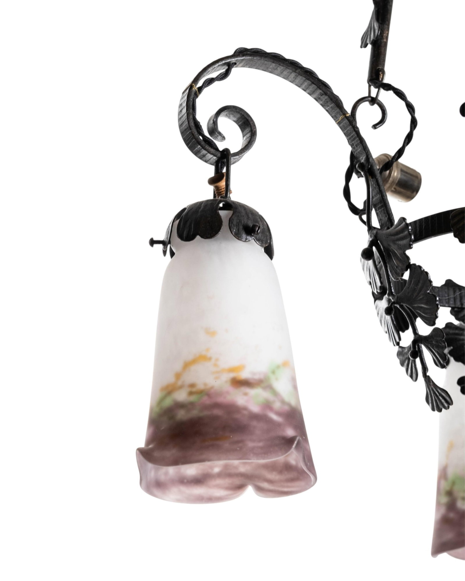 No Reserve- Muller Freres Art Nouveau Bronze Chandelier with Three Marbled Glass Tulip Shades, Early - 4