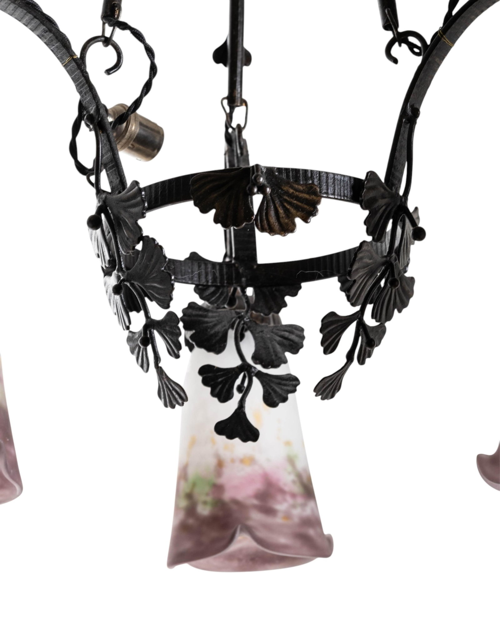 No Reserve- Muller Freres Art Nouveau Bronze Chandelier with Three Marbled Glass Tulip Shades, Early - 6