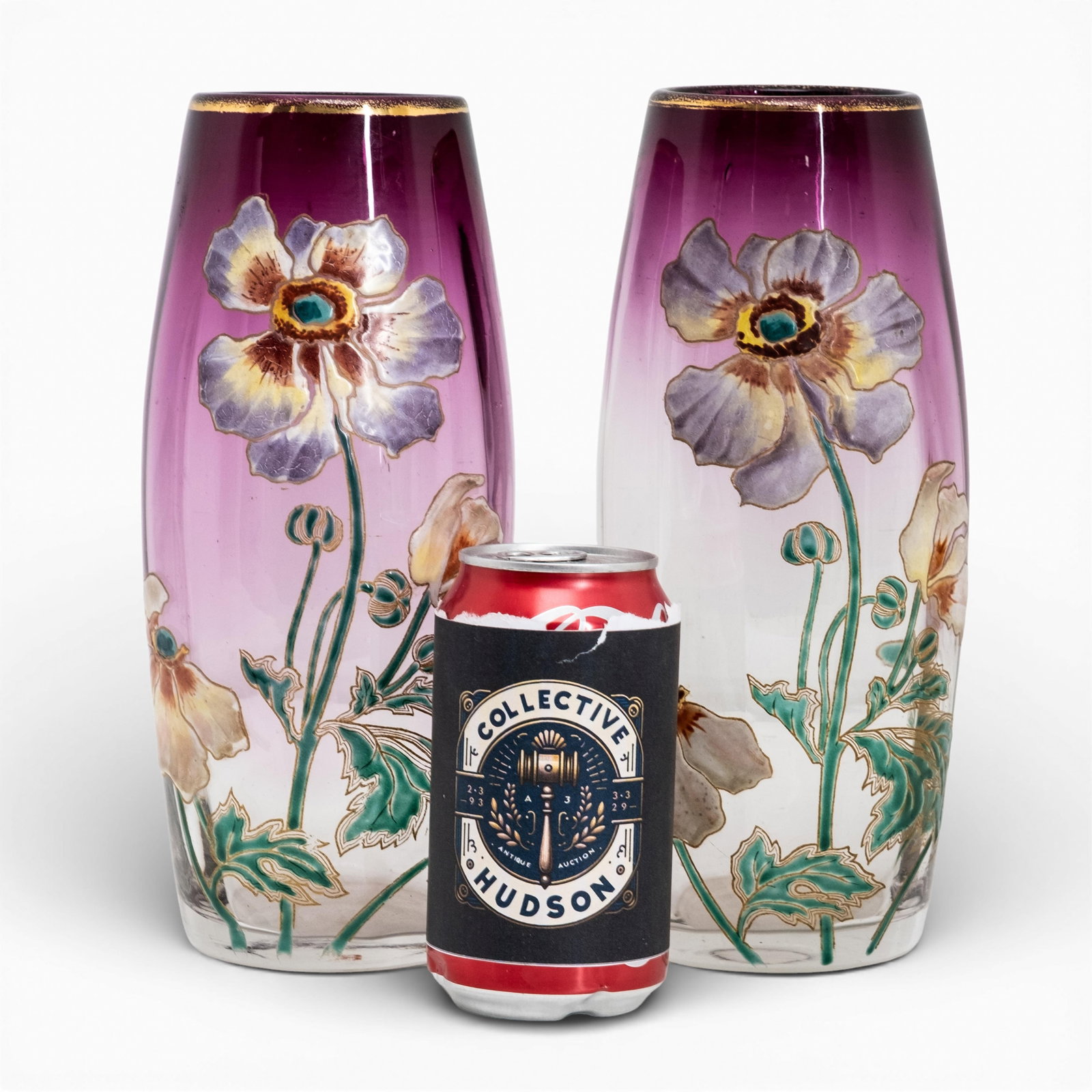No Reserve- Legras Vases Art Nouveau Hand Painted Enamel Floral Design on Clear to Amethyst, - 2