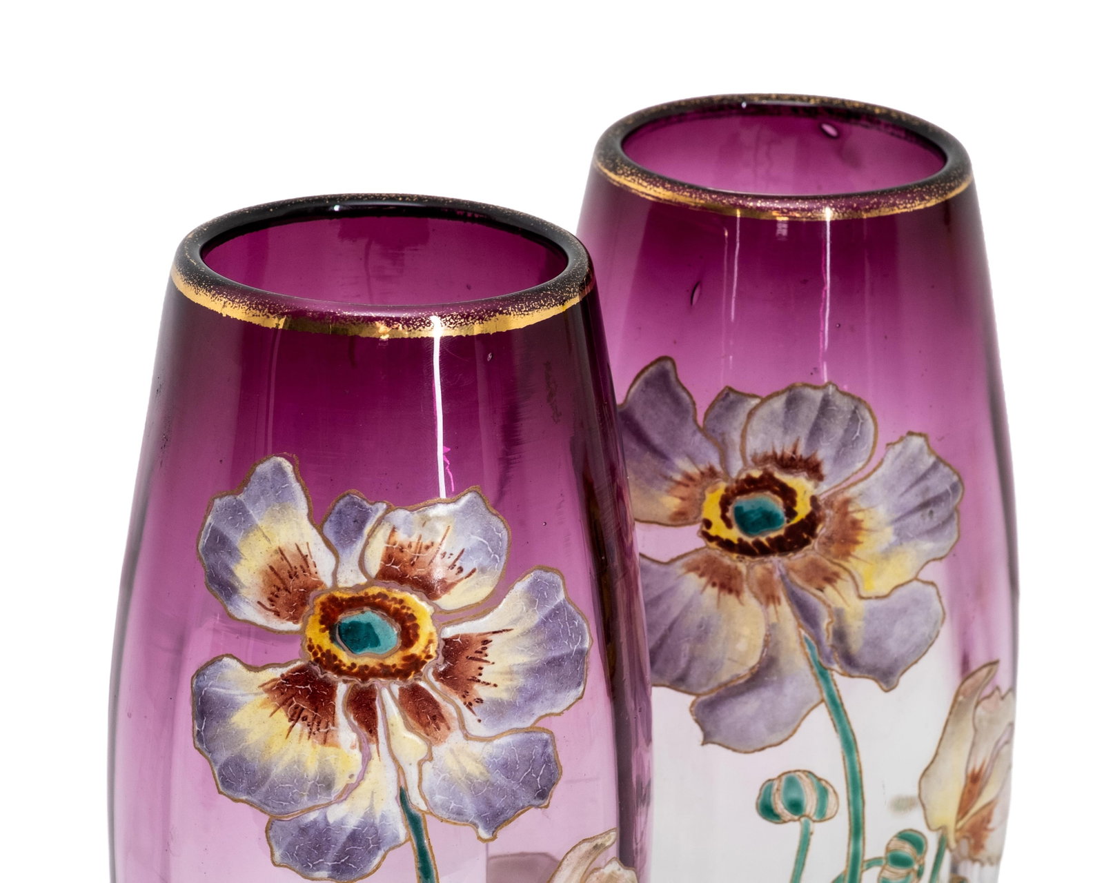 No Reserve- Legras Vases Art Nouveau Hand Painted Enamel Floral Design on Clear to Amethyst, - 3