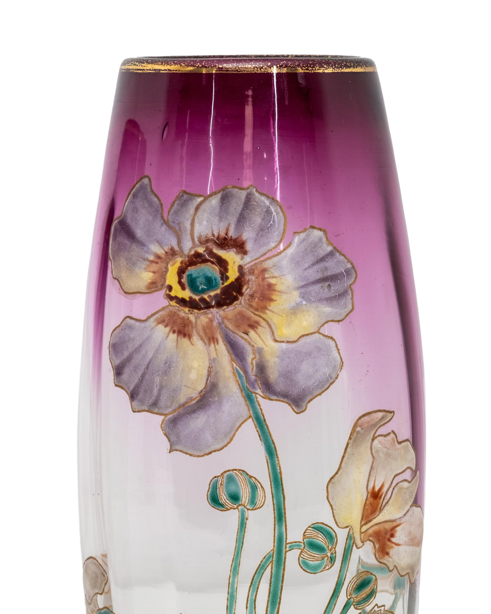 No Reserve- Legras Vases Art Nouveau Hand Painted Enamel Floral Design on Clear to Amethyst, - 6