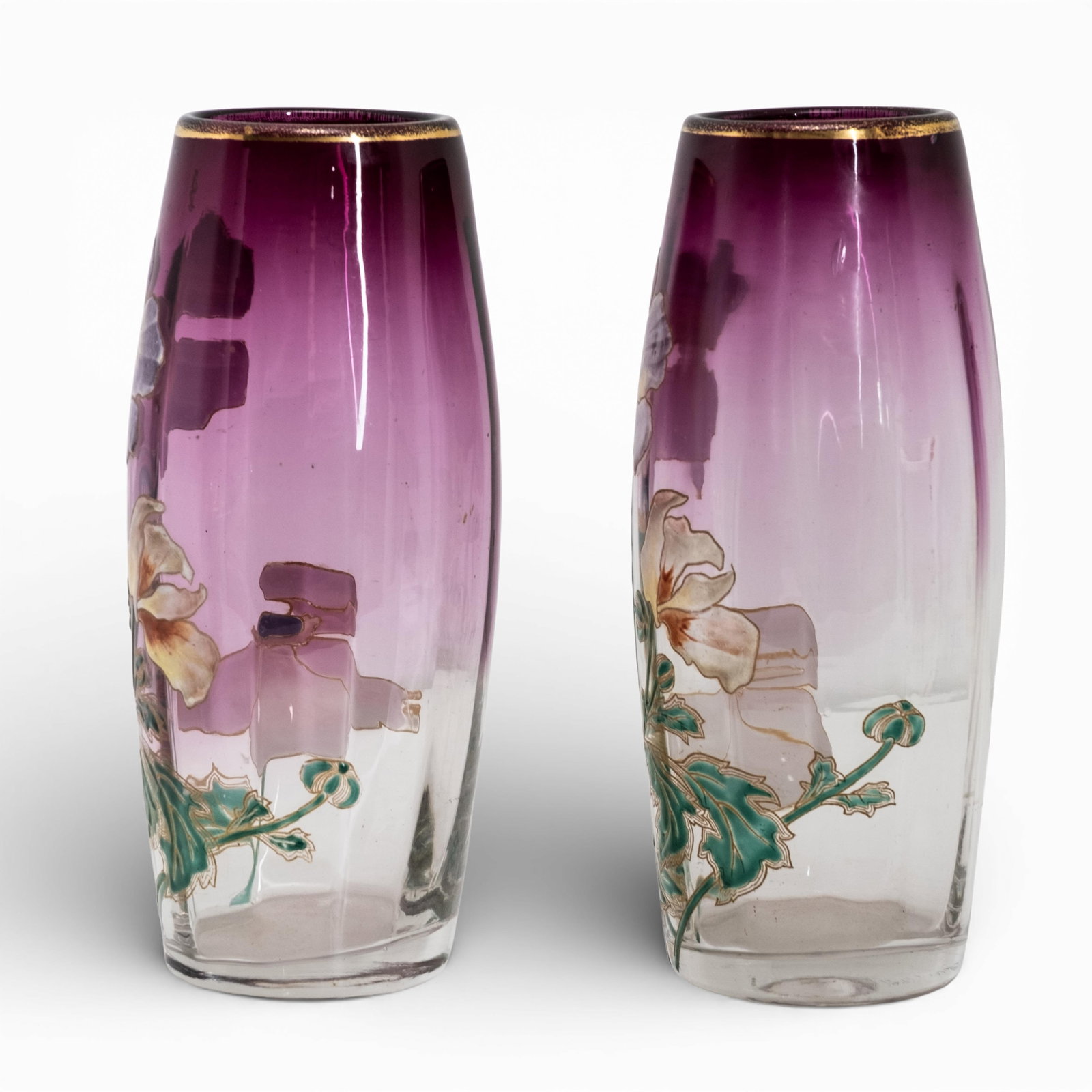 No Reserve- Legras Vases Art Nouveau Hand Painted Enamel Floral Design on Clear to Amethyst, - 8
