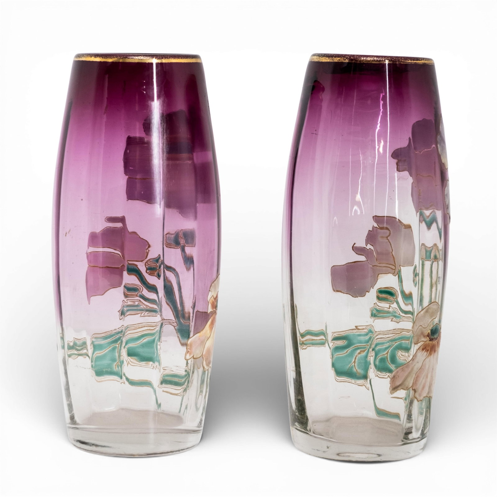 No Reserve- Legras Vases Art Nouveau Hand Painted Enamel Floral Design on Clear to Amethyst, - 9