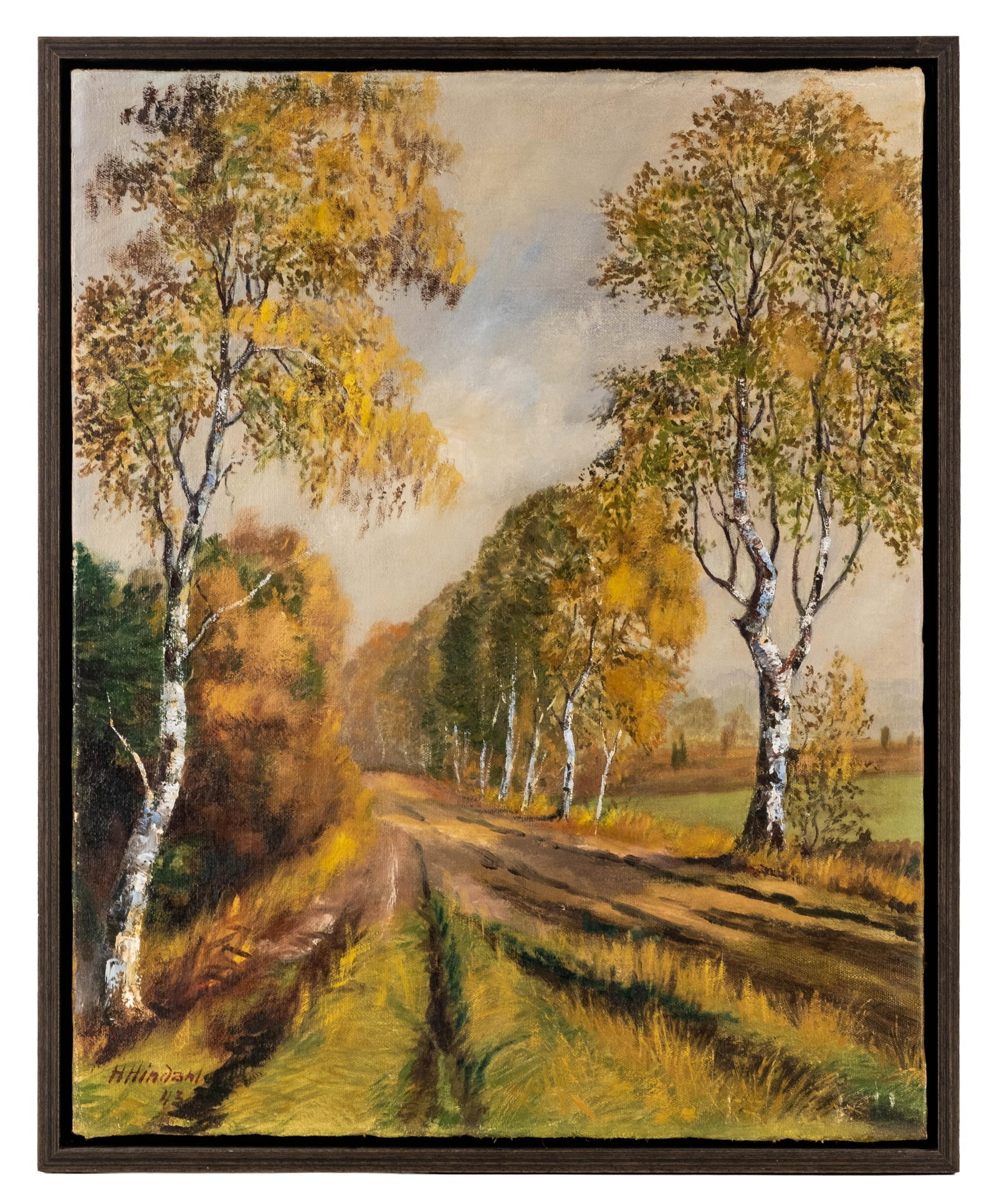 No Reserve- Johann Heinrich Hindahl German Autumn Birch Avenue Oil Painting, Signed - 3