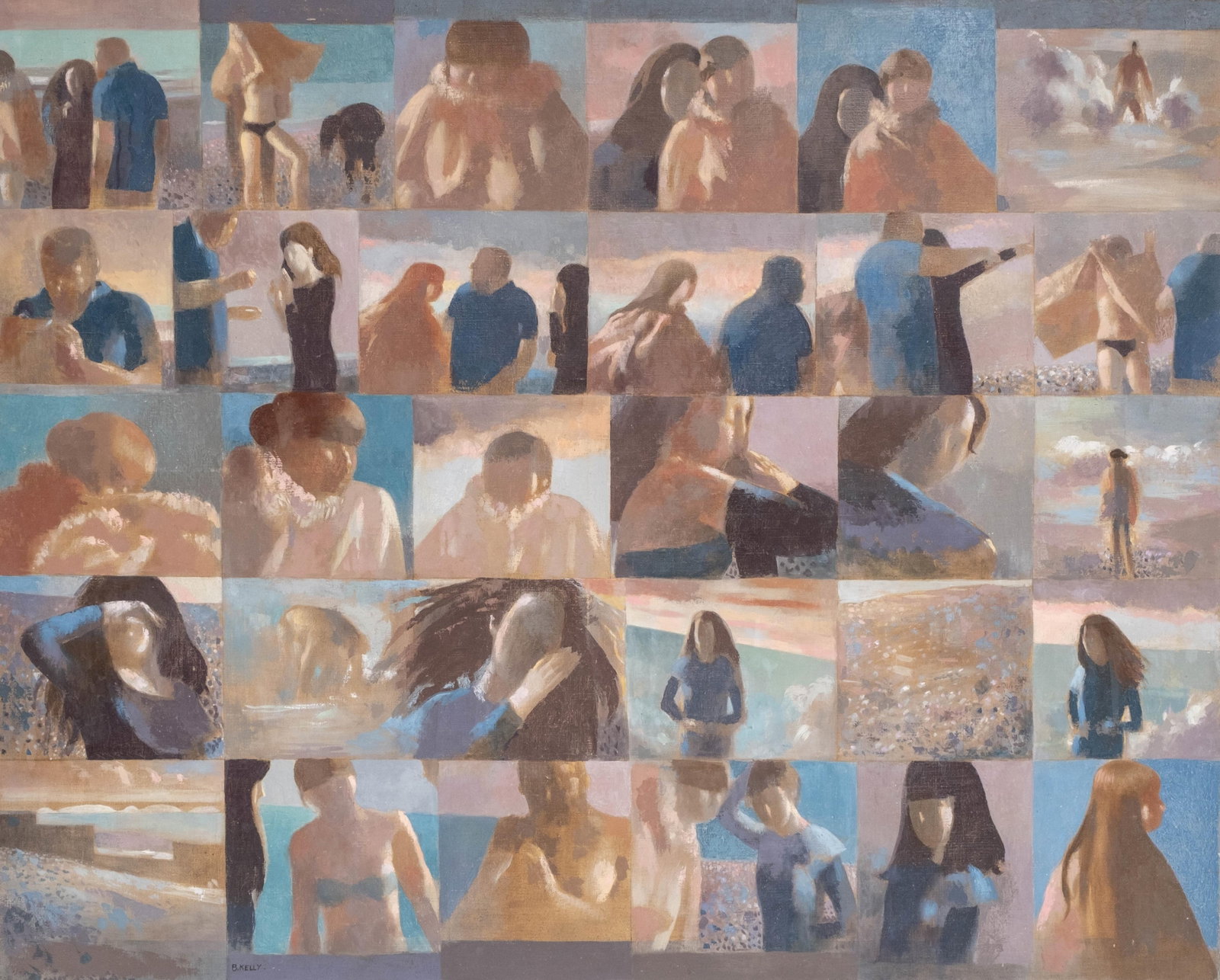 No Reserve- Bernadette Kelly Signed, “Character Seaside Study," Monumental Oil on Canvas: Keywords: Modernist Movement, Postwar Figurative Art, Expressionist Influence, Contemporary Realism, Abstract Realism, School Of Paris Painting, David Hockney Style, Edgar Degas Style, Pablo Picasso S