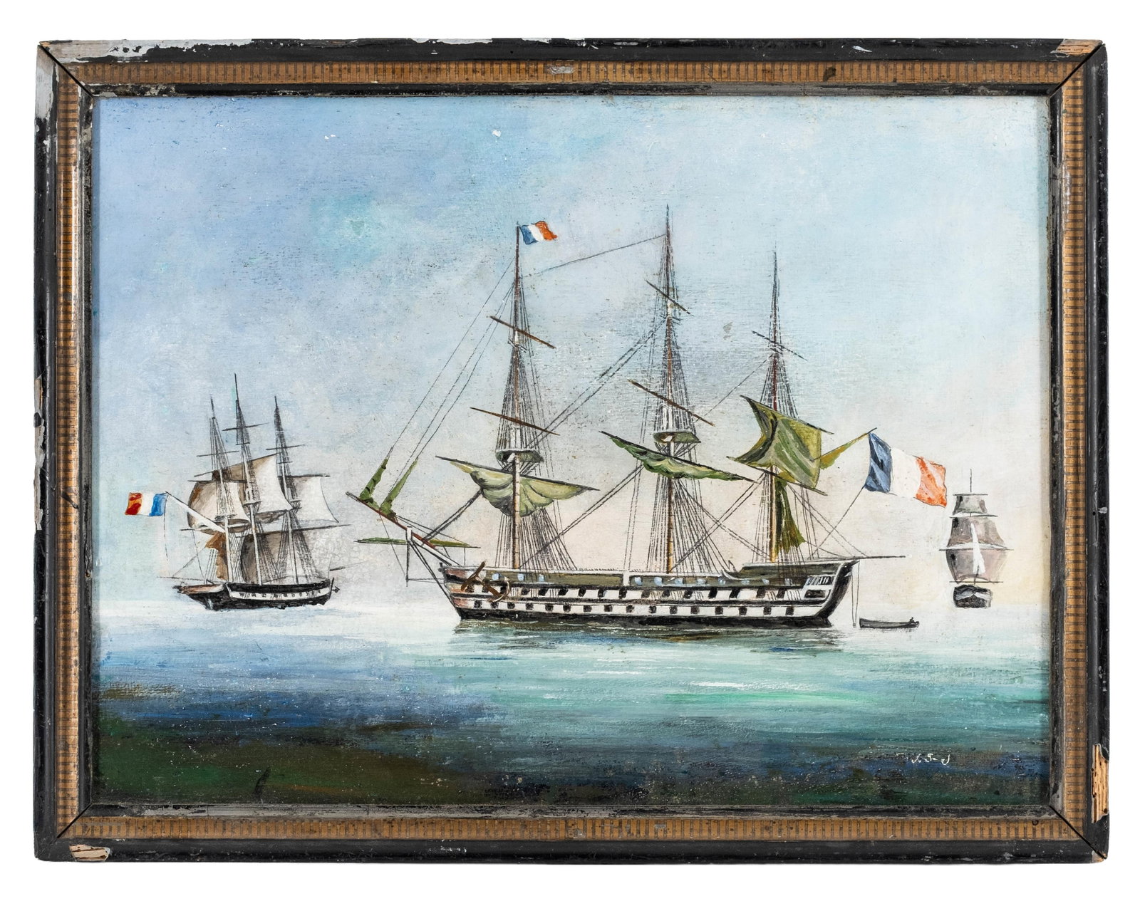 No Reserve- French School Monogrammed Maritime Oil Painting of Warships, 19th Century - 3