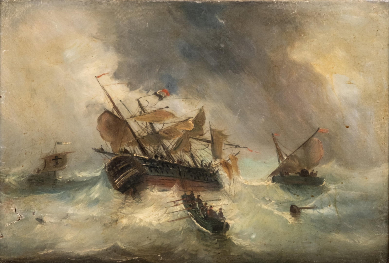 No Reserve- William John Huggins (attrib) Ships in Stormy Seas Oil on Canvas Painting - 3