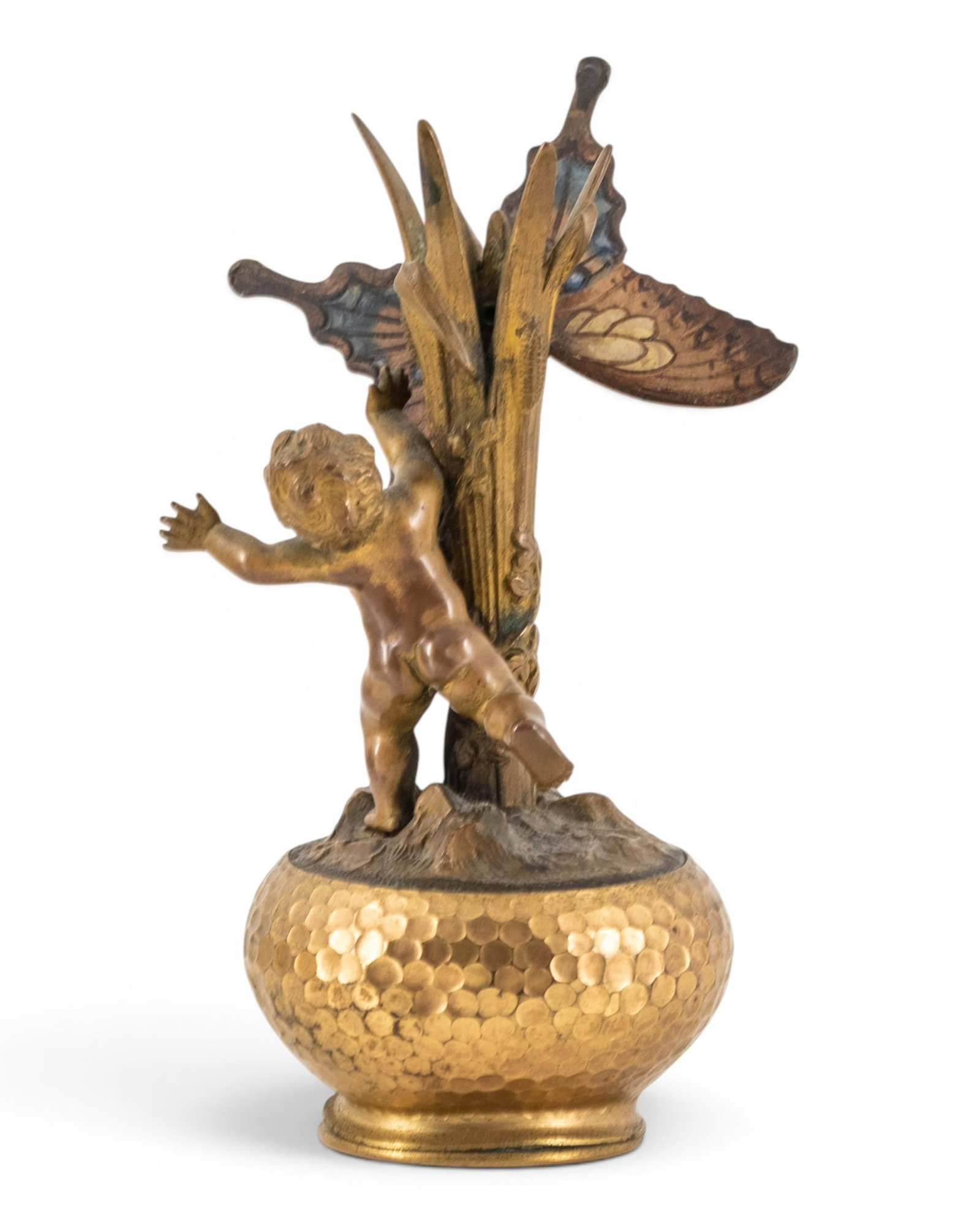 No Reserve- Art Nouveau Putto And Butterfly Hammered Copper Vase - 6