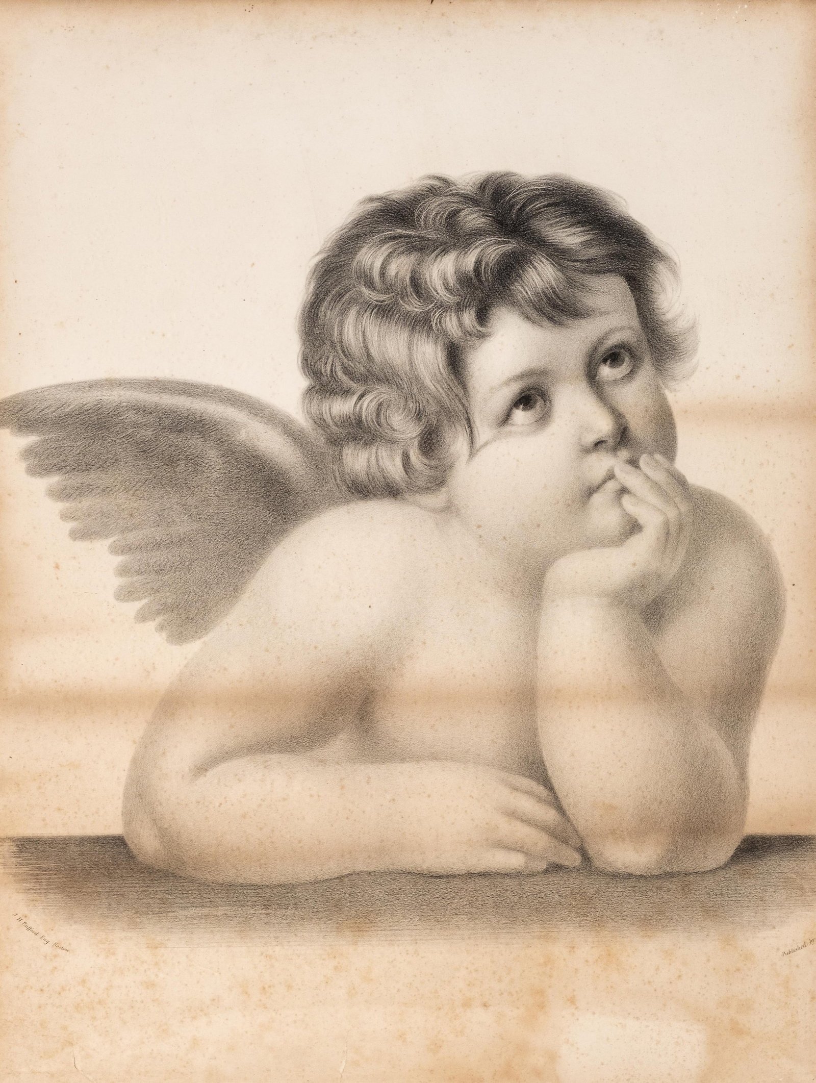 No Reserve- 19th Century J.H. Bufford Lithograph, Cherub Portrait Print, Published by J. Lunt Boston (1 of 10)