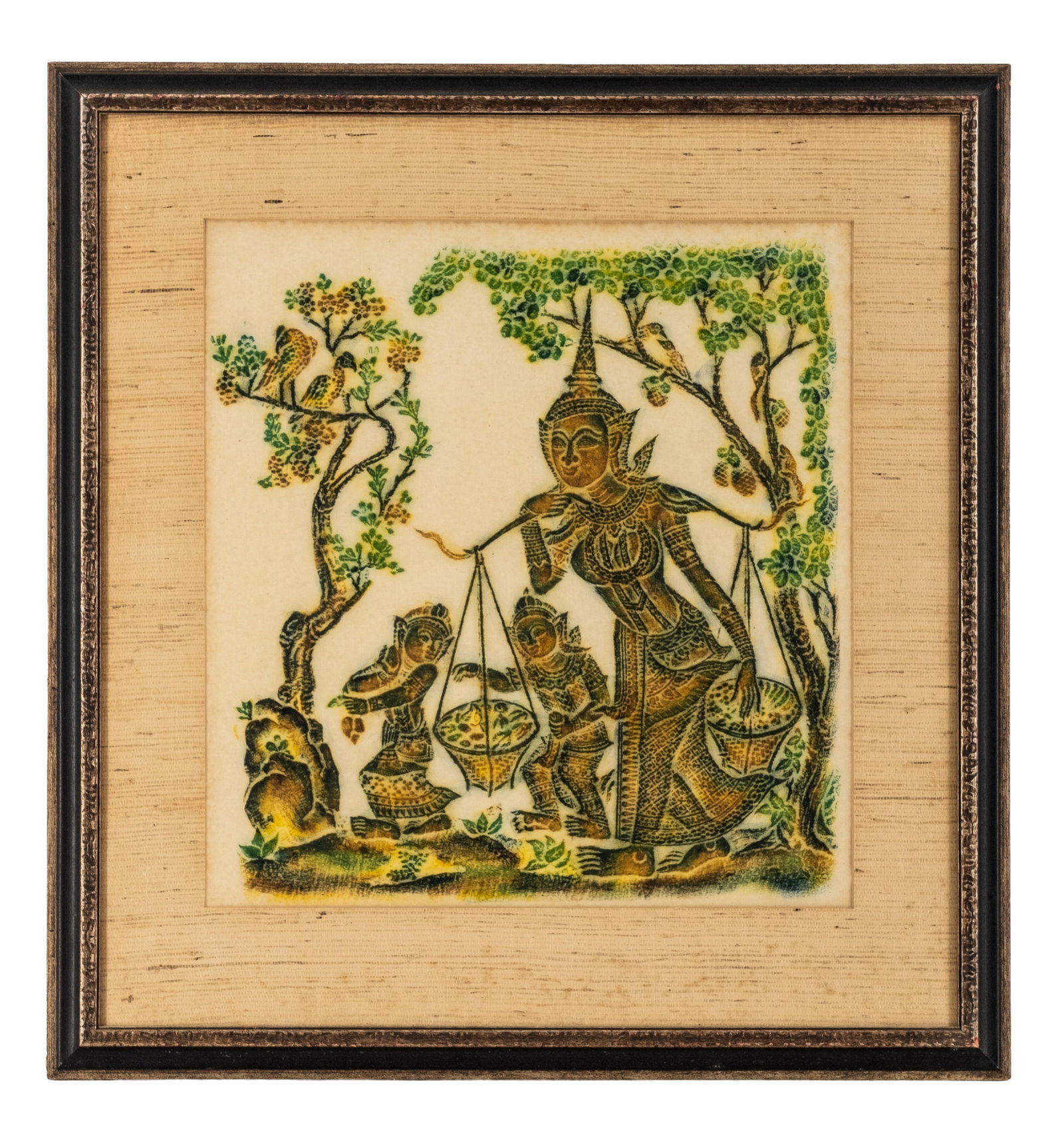 No Reserve- Thai Temple Figural Rubbing on Paper, Mythological Scene with Birds and Children - 3