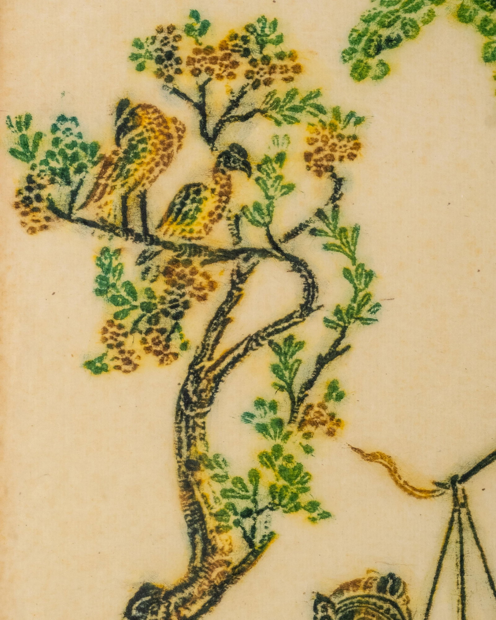 No Reserve- Thai Temple Figural Rubbing on Paper, Mythological Scene with Birds and Children - 4