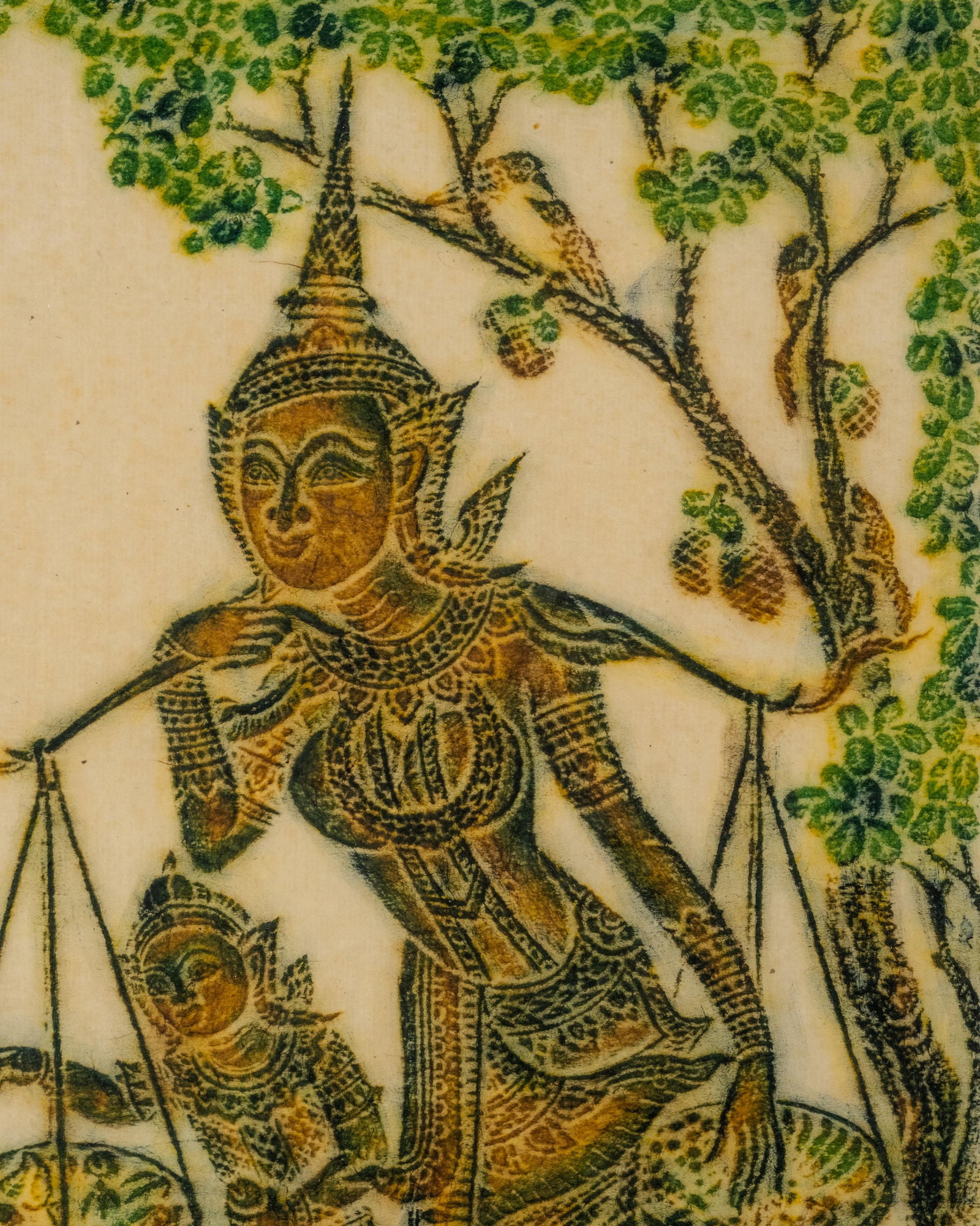 No Reserve- Thai Temple Figural Rubbing on Paper, Mythological Scene with Birds and Children - 5