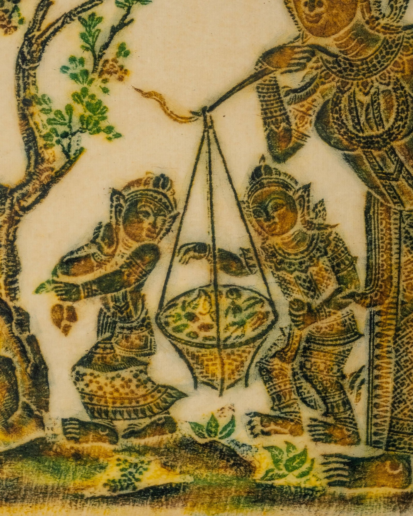 No Reserve- Thai Temple Figural Rubbing on Paper, Mythological Scene with Birds and Children - 6